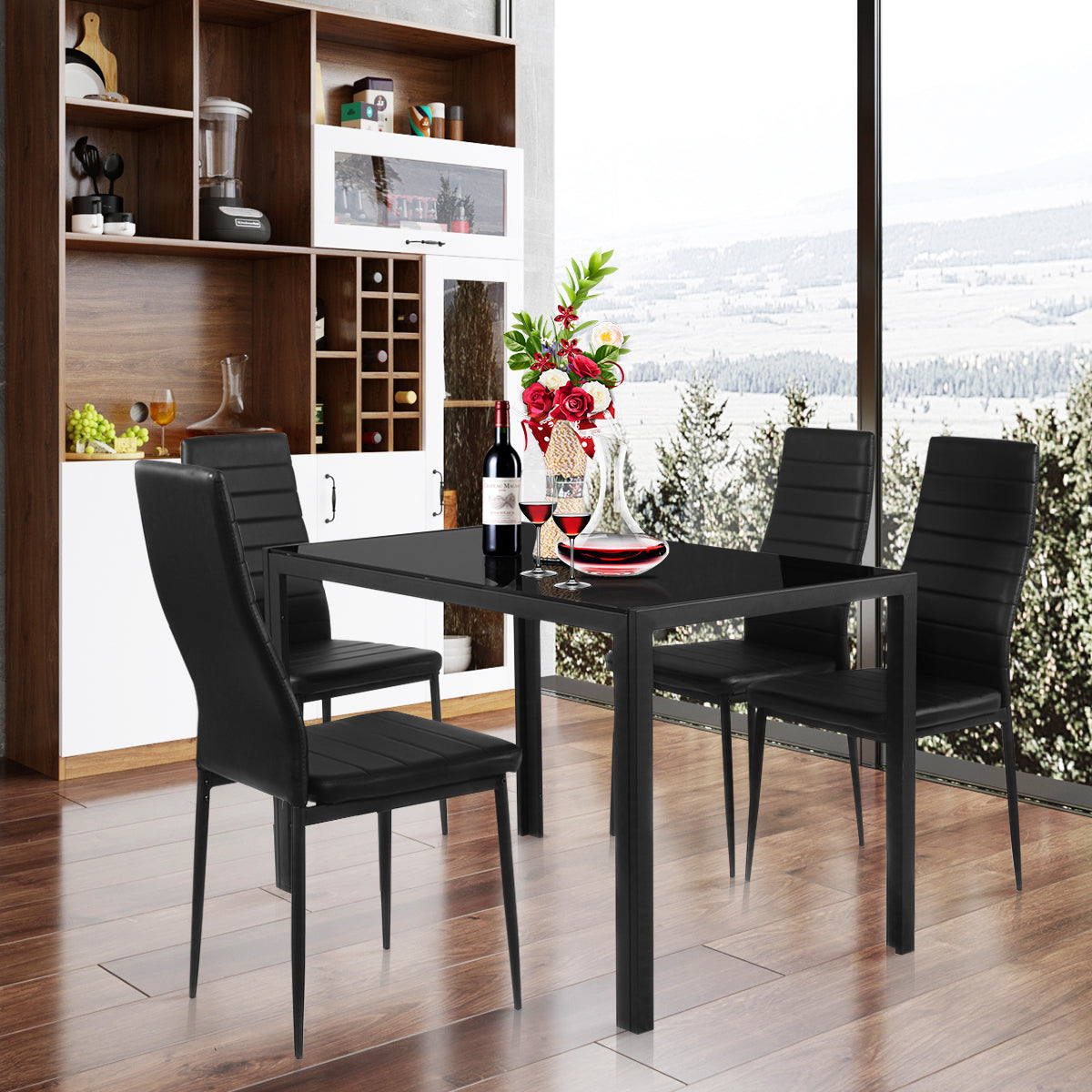 5 Piece Kitchen Dining Table Set with Glass Table Top Leather Padded 4 Chairs (Black) - Giantexus