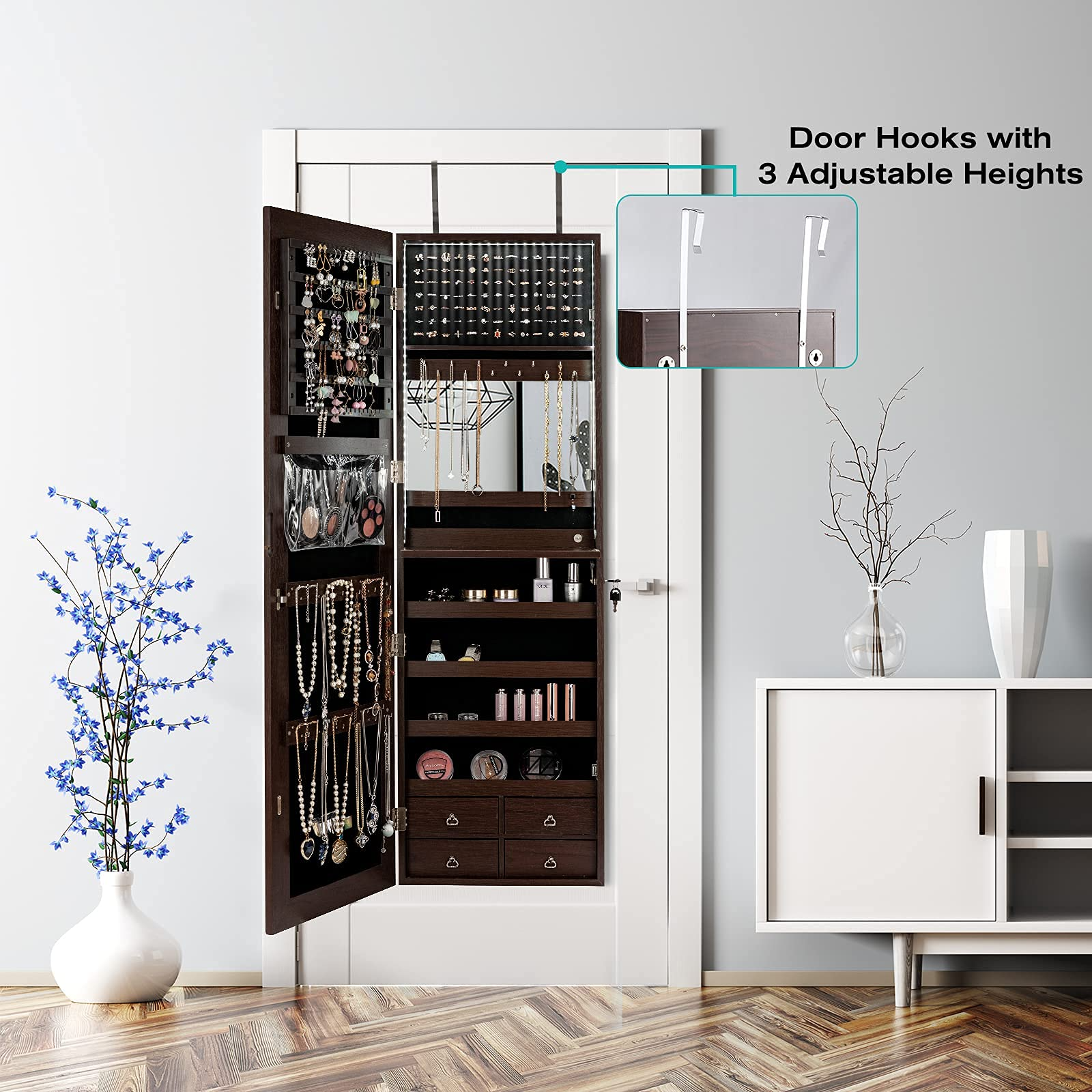 CHARMAID LED Strip Jewelry Armoire with 47.2" H Full Length Mirror