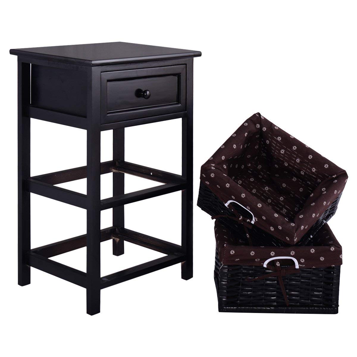 Giantex Wooden Nightstand 3 Tiers W/ 2 Baskets and 1 Drawer Bedside Sofa Storage Organizer