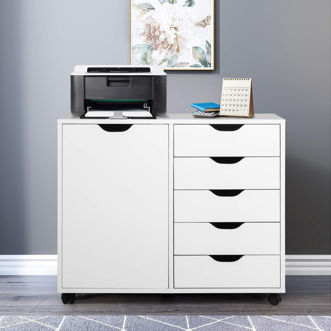 Giantex Drawers Cabinet Mobile Lateral Filing Organizer with 5 Drawers,1 Side Cabinet and Wheels Mobile Side Cabinet Chest