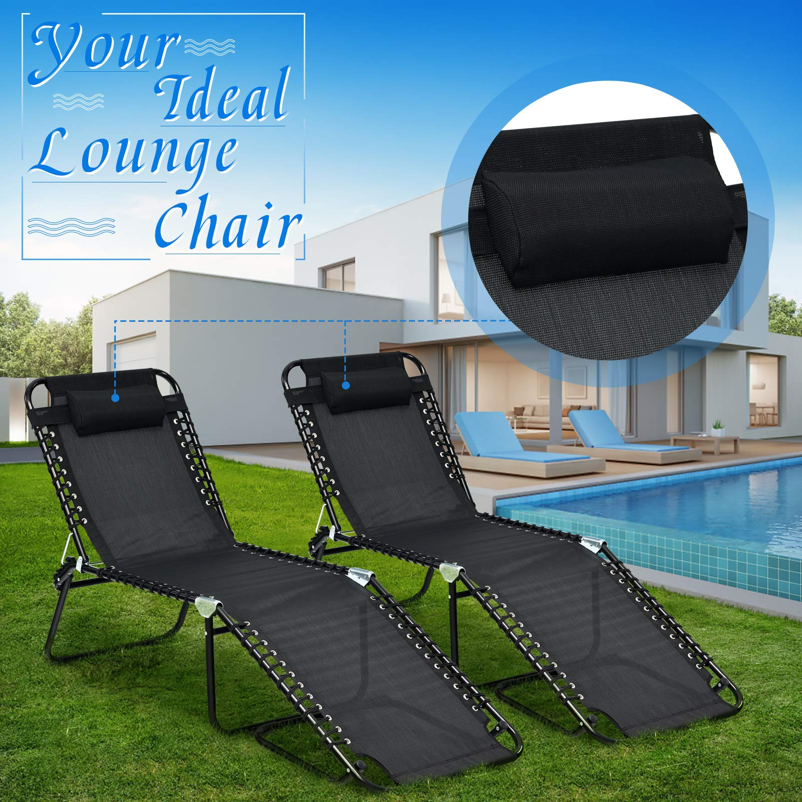 Giantex Outdoor Chaise Lounge Adjustable Sunbathing Seat W/Pillow (2, Black)