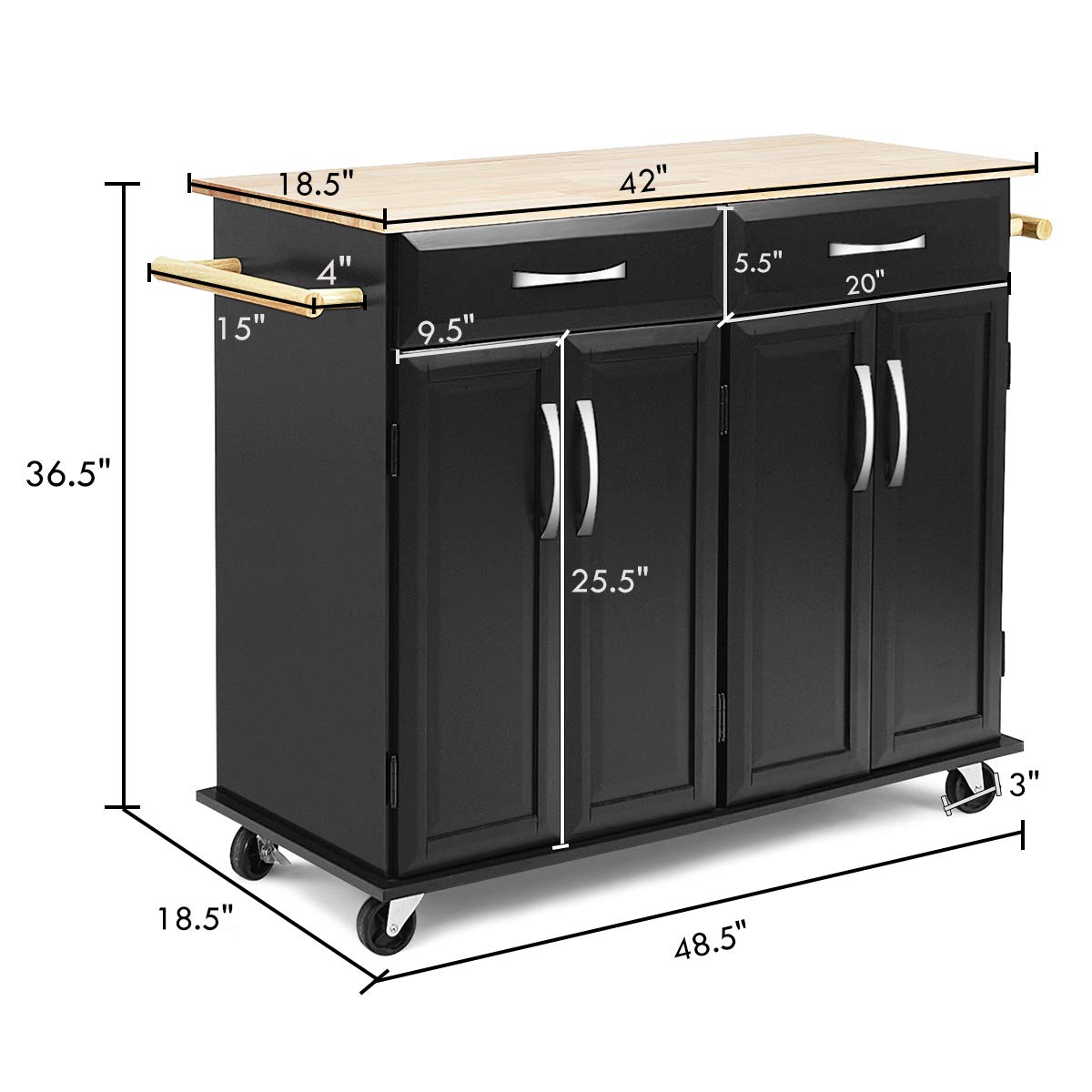 Giantex Kitchen Island Cart, Rolling Trolley Cart Utility Cabinet w/Rubber Wood Top