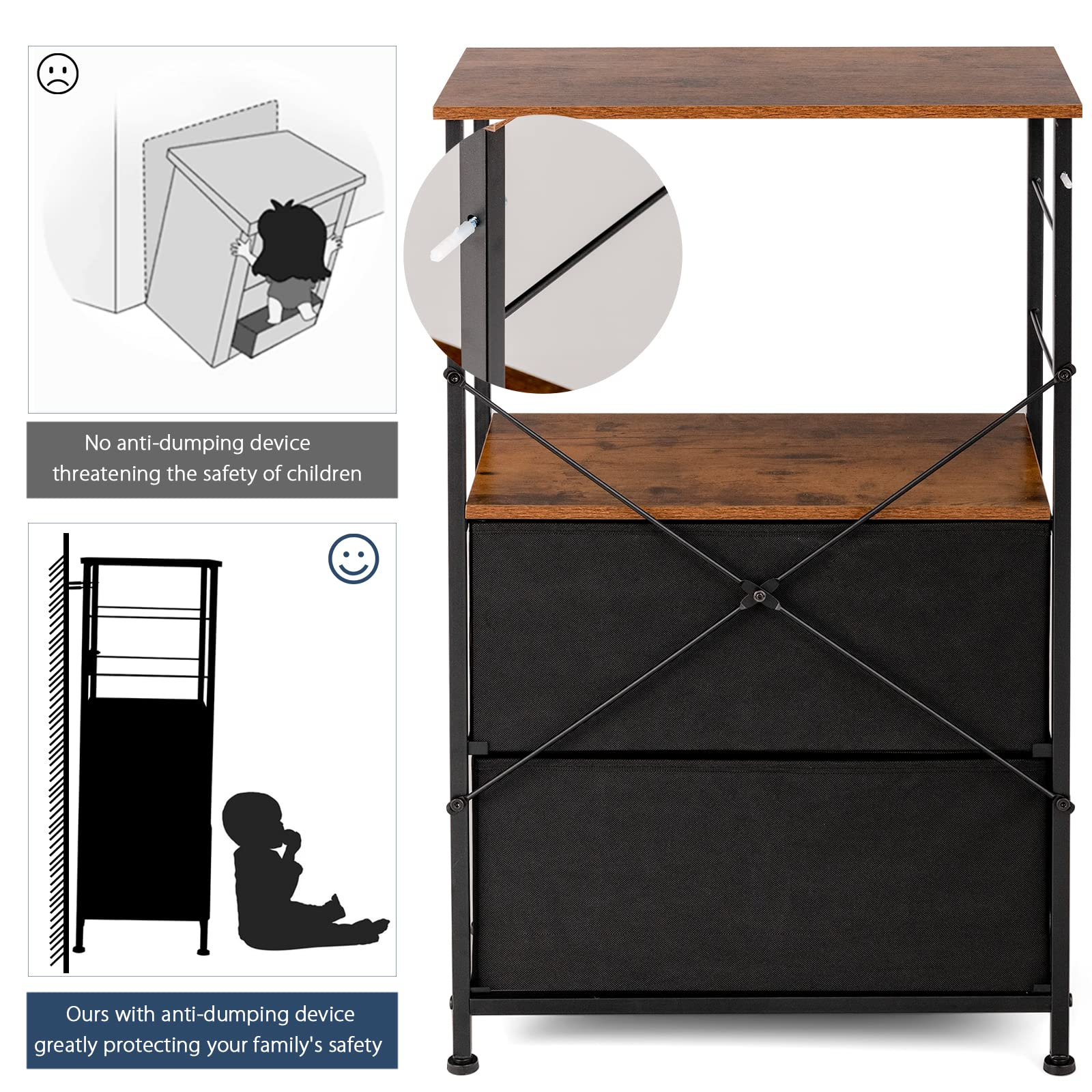 Giantex 2 Drawer Dresser Bedside Table with Storage Shelf, Wooden Top, Metal Frame