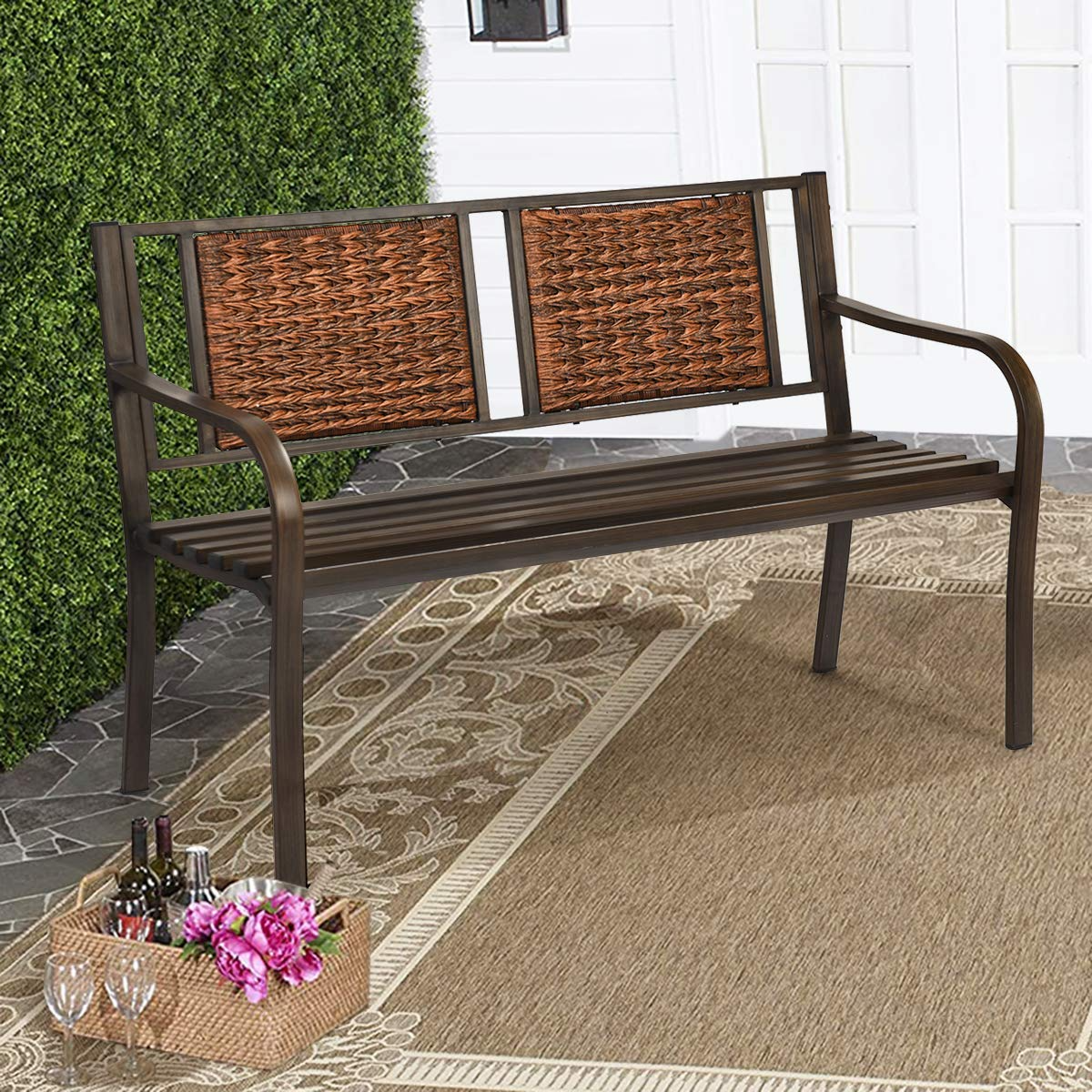 Giantex Patio Garden Bench Heavy-Duty Ergonomic Loveseat W/Powder Coated Steel Frame