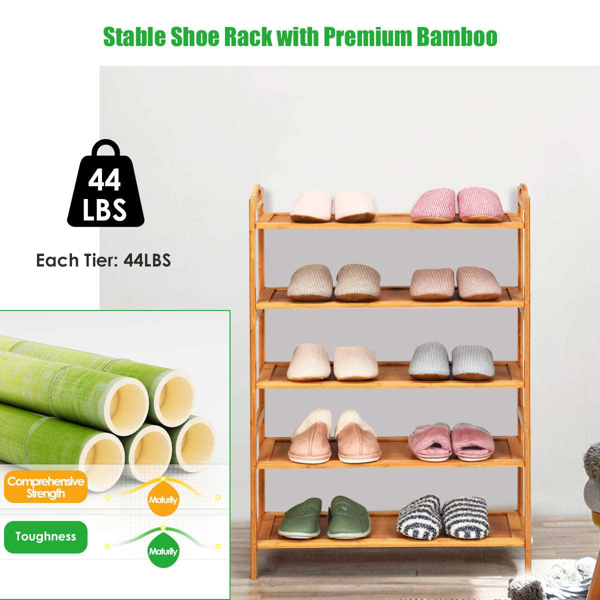 Bamboo Shoe Rack 5 Tier, Freestanding Shoe Rack - Giantexus