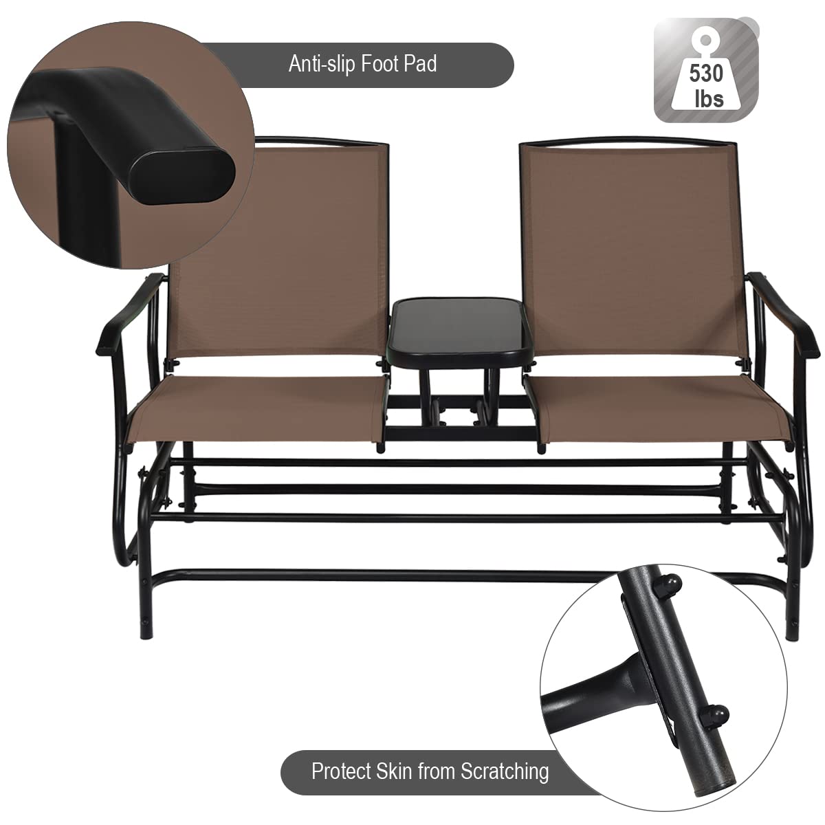 Giantex 2 Person Outdoor Double Glider Chair, Mesh Fabric Rocking Chair w/Center Tempered Glass Table