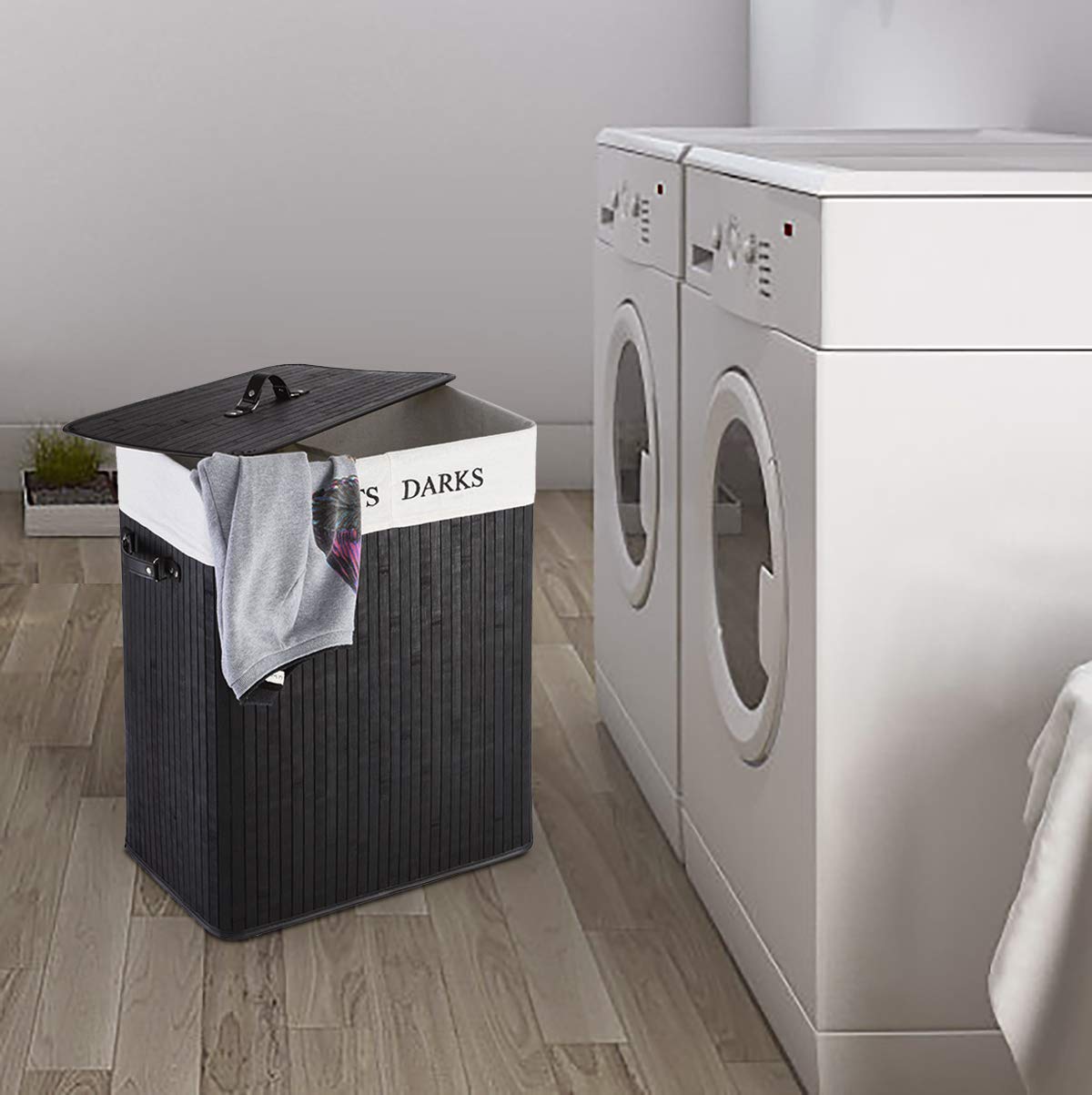 Giantex Double Laundry Hamper Bamboo Foldable Rectangle Hamper with Lid