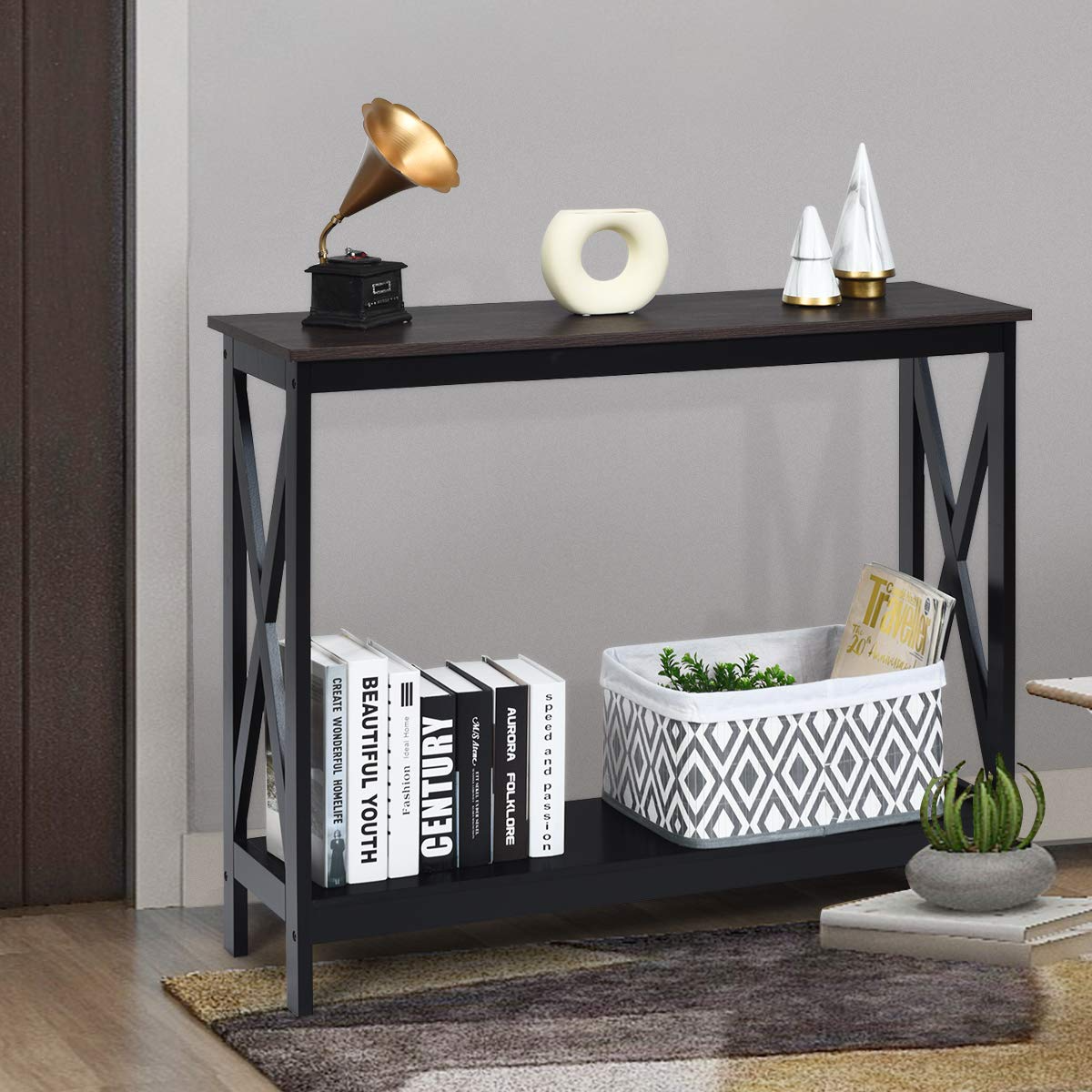 Giantex Console Table 2-Tier with Storage Shelf,X-Design Bookshelf