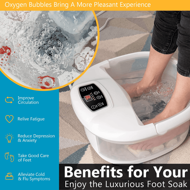 Giantex Foot Spa Bath Massager with Heat Bubbles, 6 Motorized Massage Rollers, Fast Heating, Red Light, Adjustable Temperature & Time (Blue/White) - Giantexus