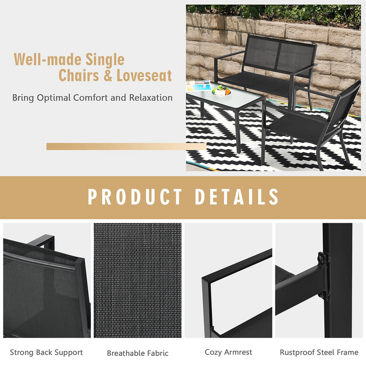 Giantex 4 Pieces Patio Furniture Set, Outdoor Conversation Set, Loveseat Bench with 2 Patio Chairs & Tempered Glass Coffee Table