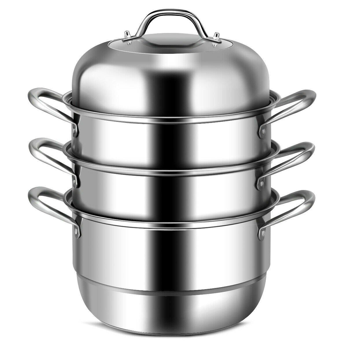 3-Layer Stainless Steel Steamer Pot for Cooking Soup and Steaming Food (Silver) - Giantexus