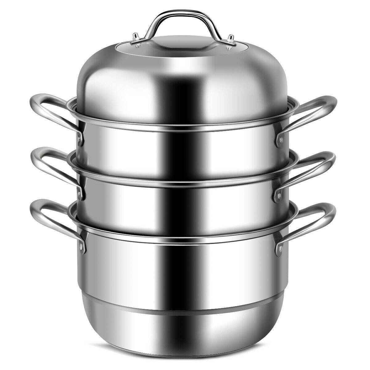 3-Layer Stainless Steel Steamer Pot for Cooking Soup and Steaming Food (Silver) - Giantexus