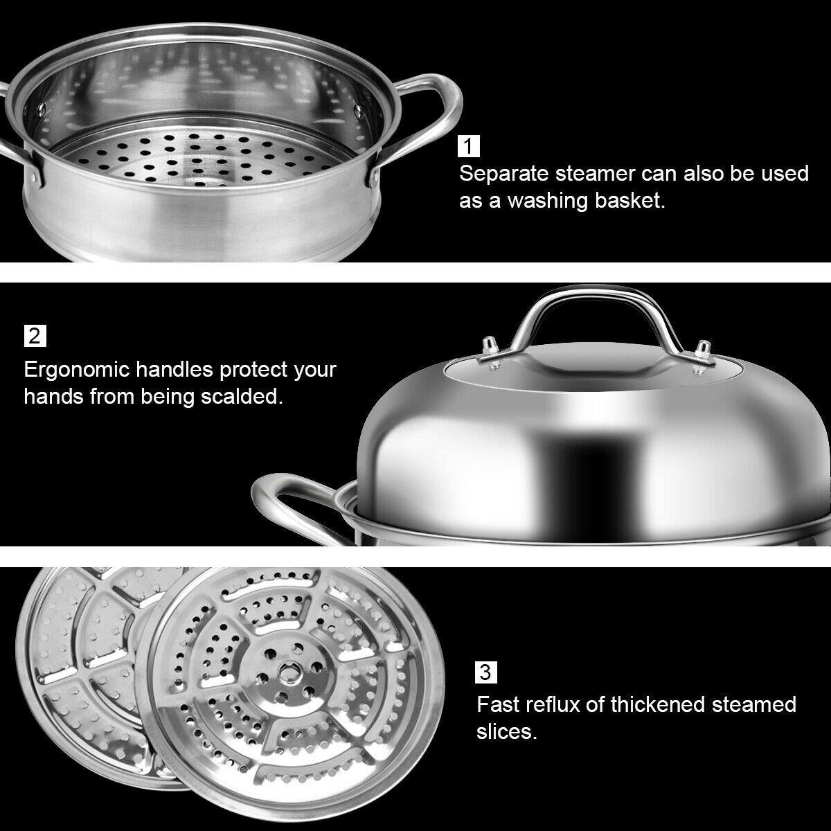 3-Layer Stainless Steel Steamer Pot for Cooking Soup and Steaming Food (Silver) - Giantexus