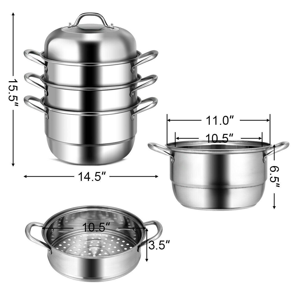 3-Layer Stainless Steel Steamer Pot for Cooking Soup and Steaming Food (Silver) - Giantexus