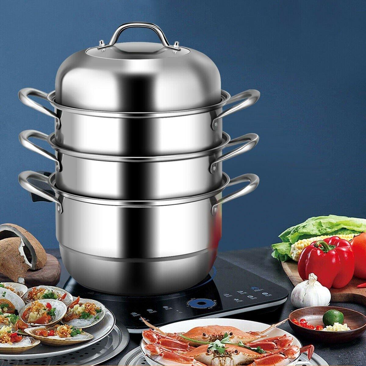 3-Layer Stainless Steel Steamer Pot for Cooking Soup and Steaming Food (Silver) - Giantexus