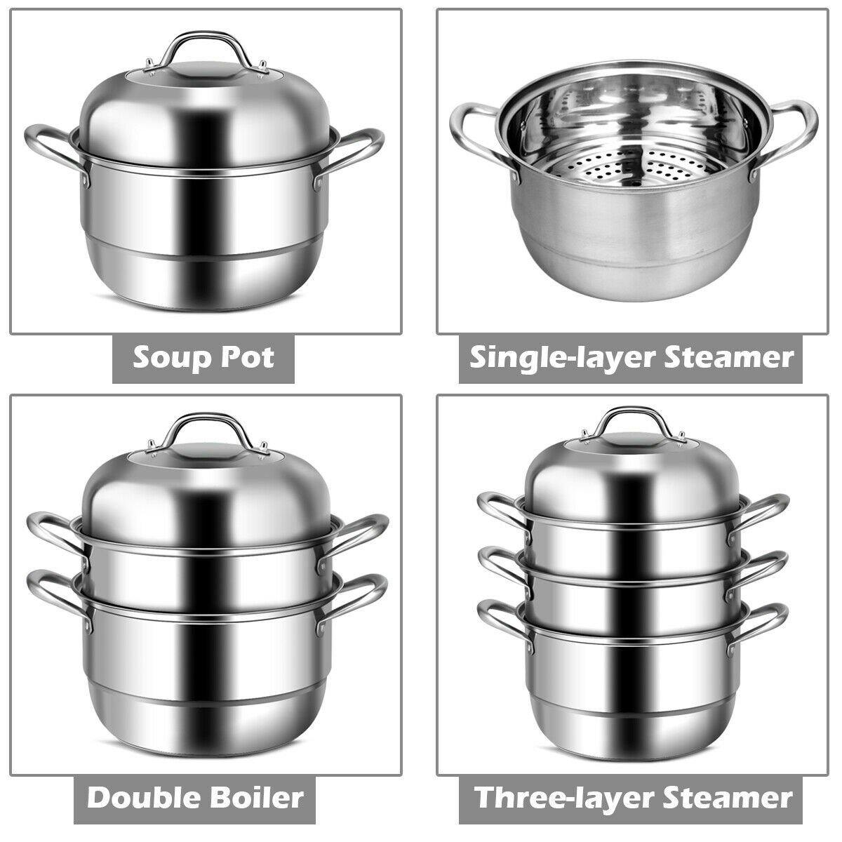 3-Layer Stainless Steel Steamer Pot for Cooking Soup and Steaming Food (Silver) - Giantexus