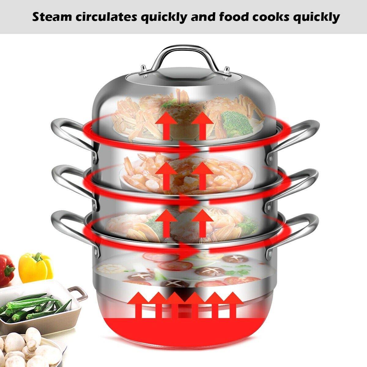 3-Layer Stainless Steel Steamer Pot for Cooking Soup and Steaming Food (Silver) - Giantexus