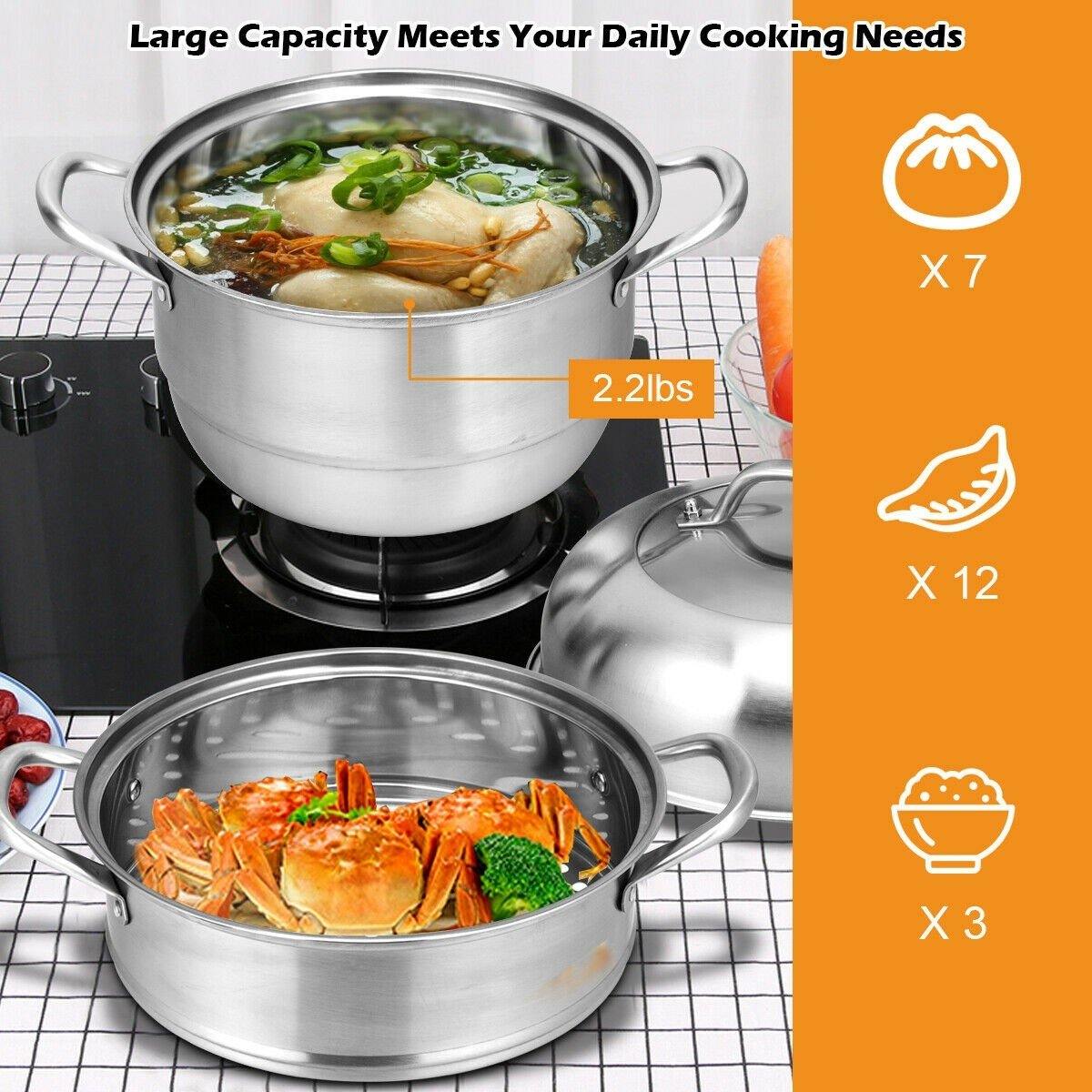3-Layer Stainless Steel Steamer Pot for Cooking Soup and Steaming Food (Silver) - Giantexus