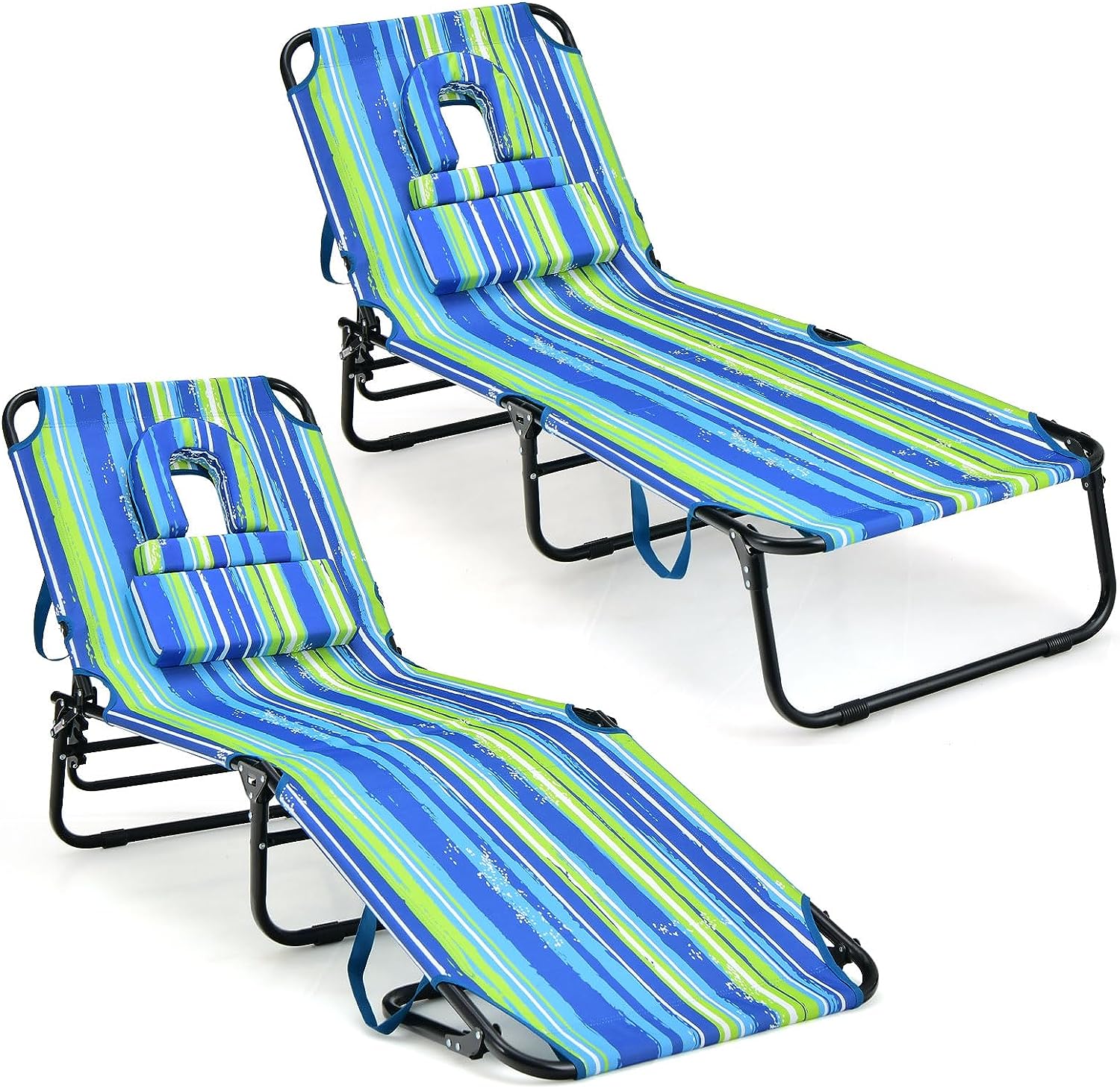 Giantex Folding Beach Tanning Chair - Adjustable Patio Lounge Chair w/Face Hole, Removable Pillows, Carry Strap