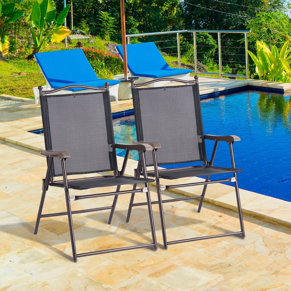 Set of 2 Patio Folding Chairs, Sling Chairs