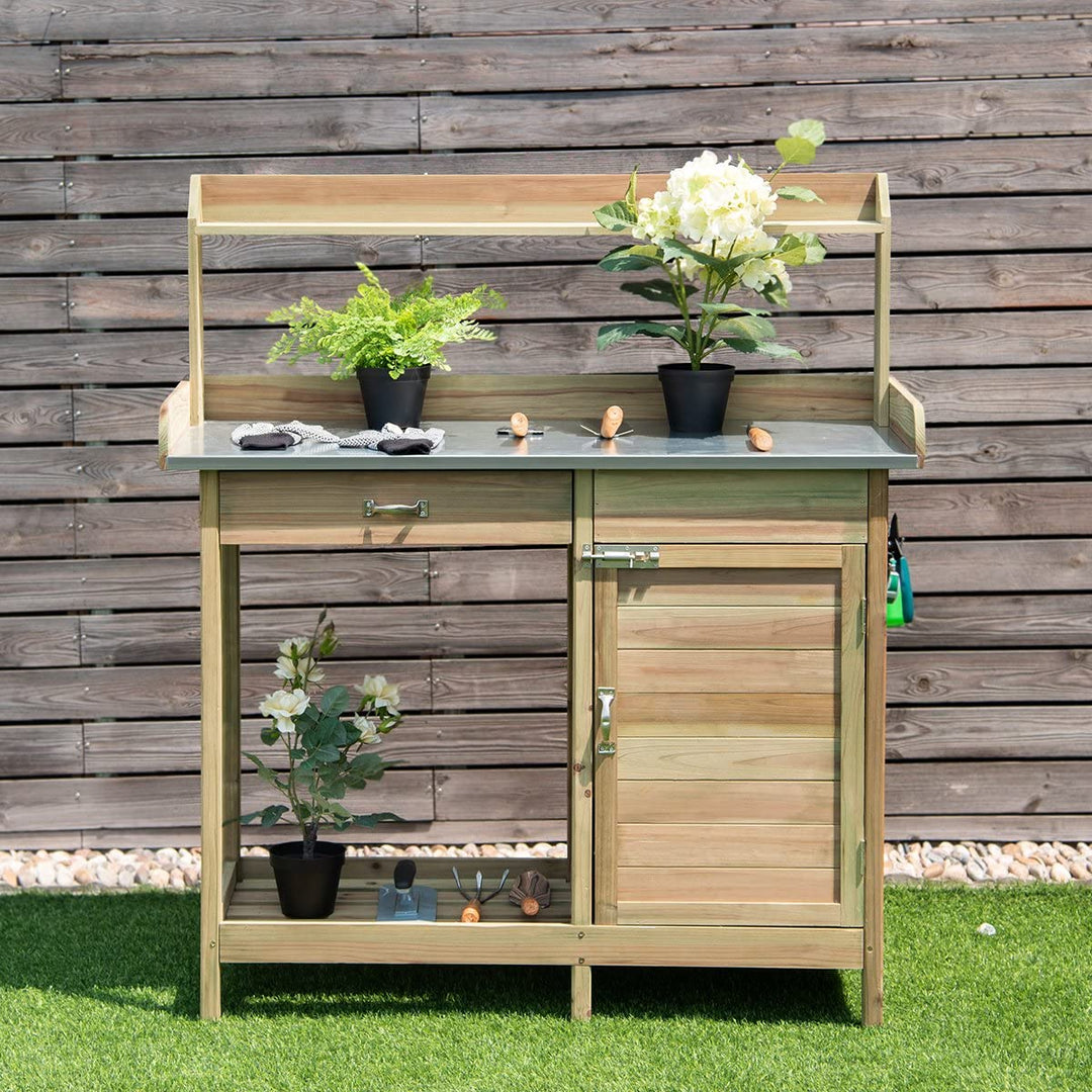 Potting Bench Table for Outside Natural Wood Garden Plant Lawn Patio Table