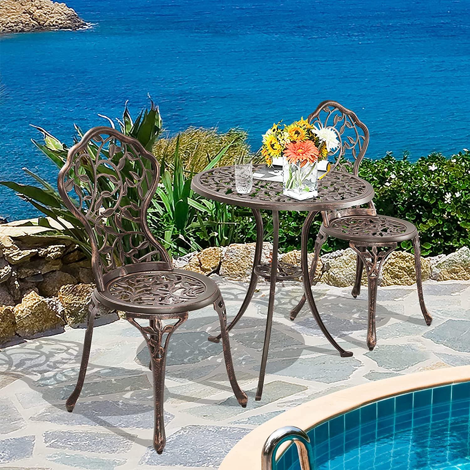 3 Piece Bistro Set Cast Leaf Design Antique Outdoor Patio Furniture Weather Resistant Garden Round Table and Chairs (Leaf Design) - Giantexus