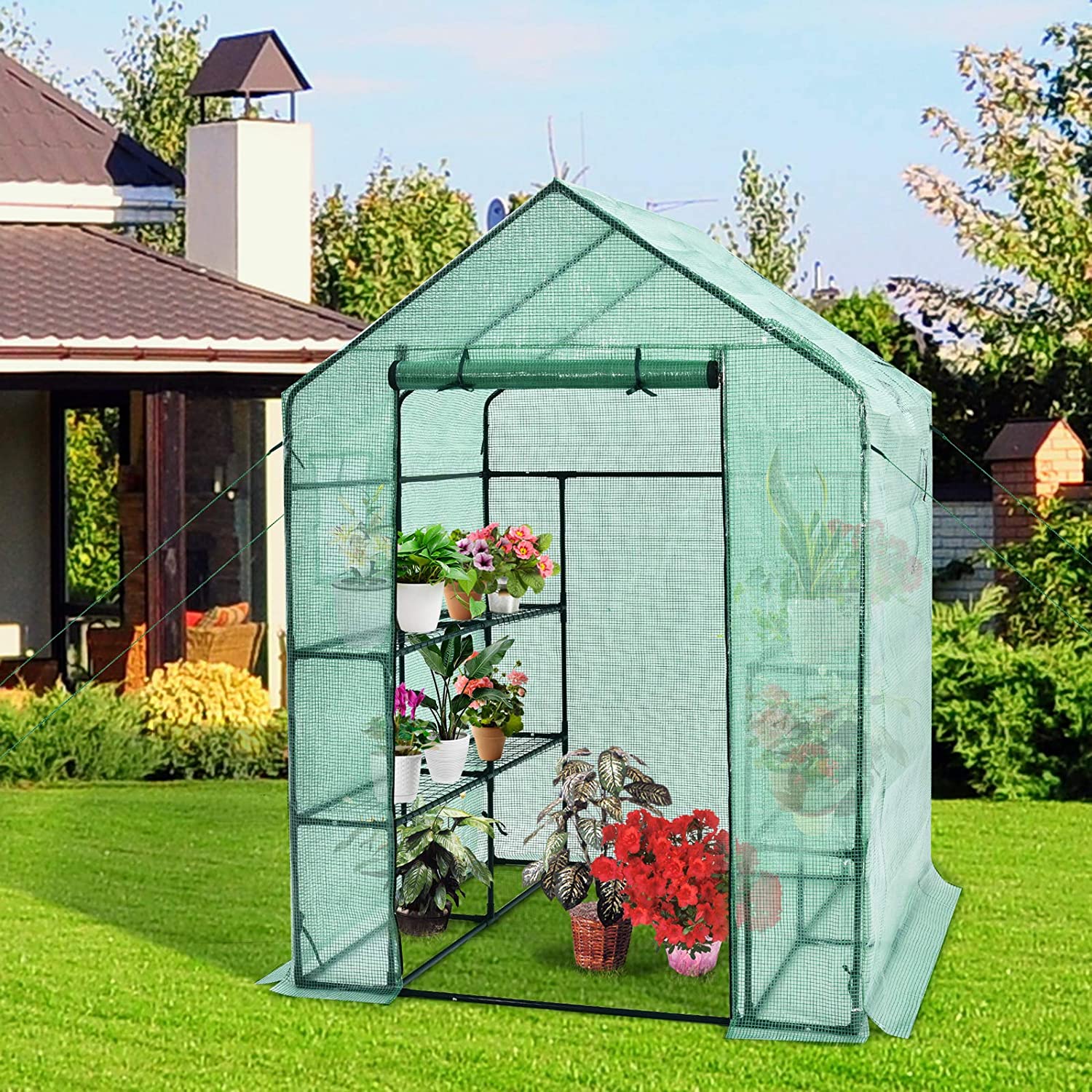 Walk-in Greenhouse, Gardening Plant Tent with Roll-Up Zippered Front Door