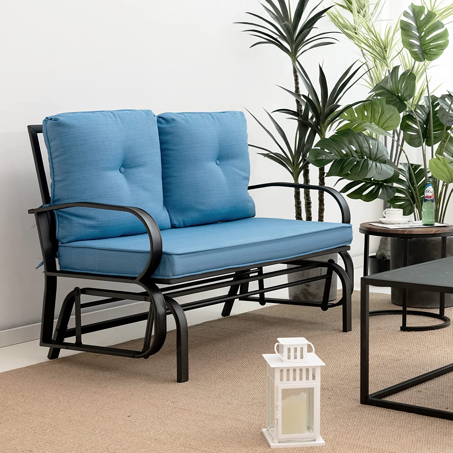 Giantex 2 Seats Glider Bench for Outside, Patio Glider Porch Loveseat w/Cushions & Powder Coated Steel Frame