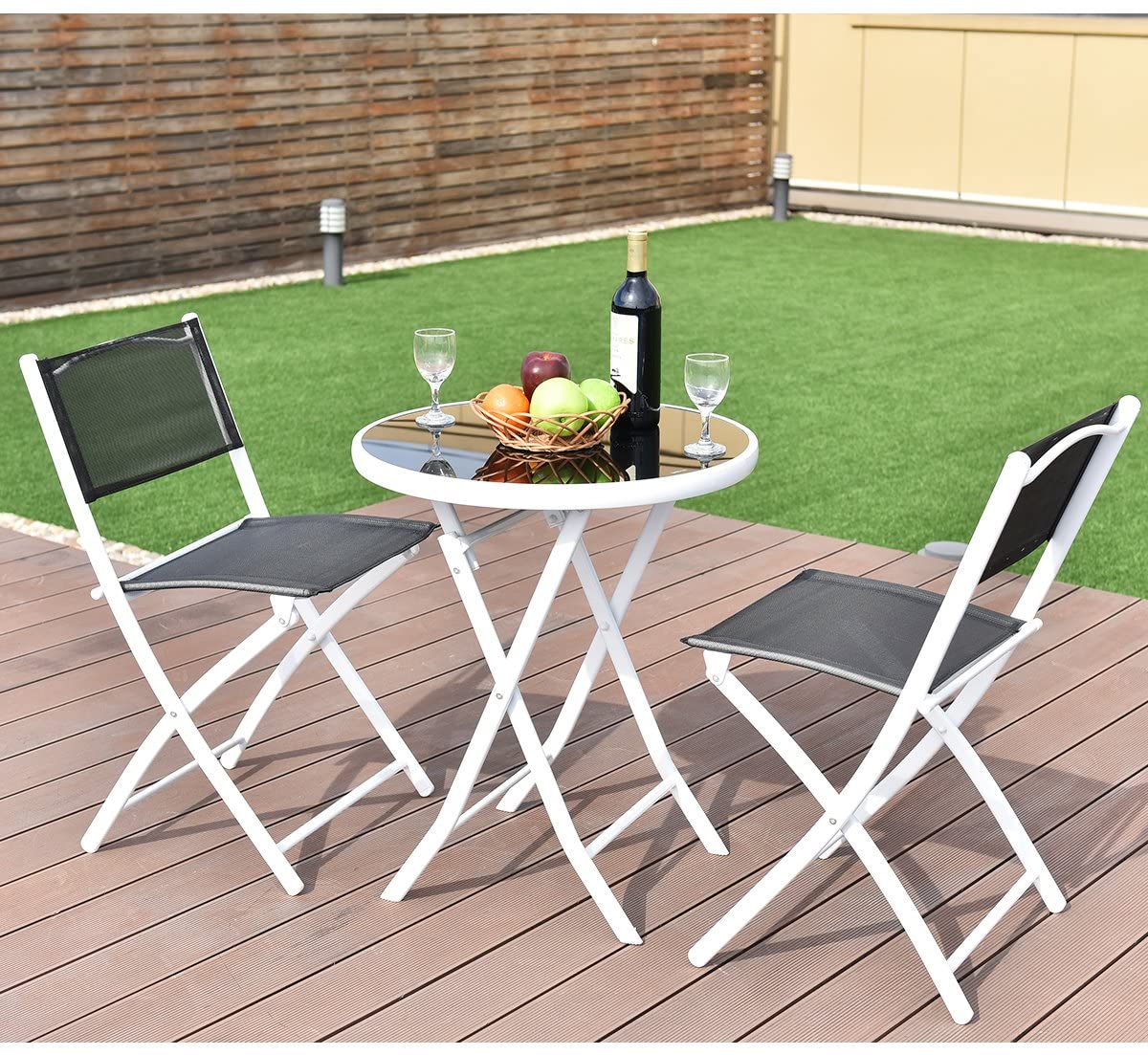 Giantex Bistro Table Set, 3 Piece Patio Bistro Set, Outdoor Folding Table and Chairs