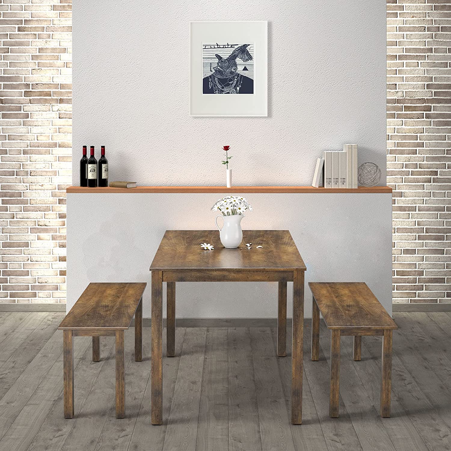 Wooden 3 Pcs Kitchen Dining Room Furniture for 4, Modern Studio Collection Table Set with 2 Benches, Dinette Set (Coffee Brown)