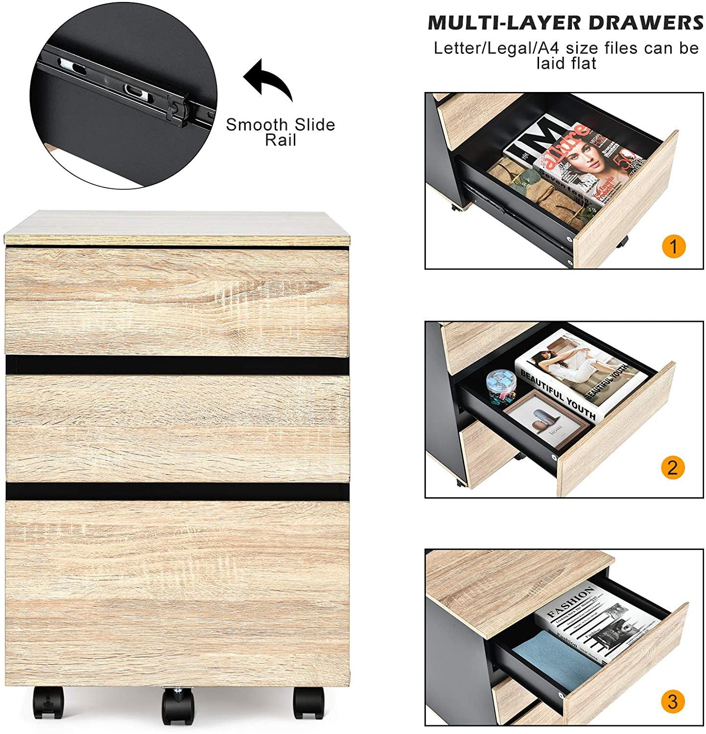 3-Drawer Mobile File Cabinet Under Desk for Legal Letter File Home Storage - Giantexus