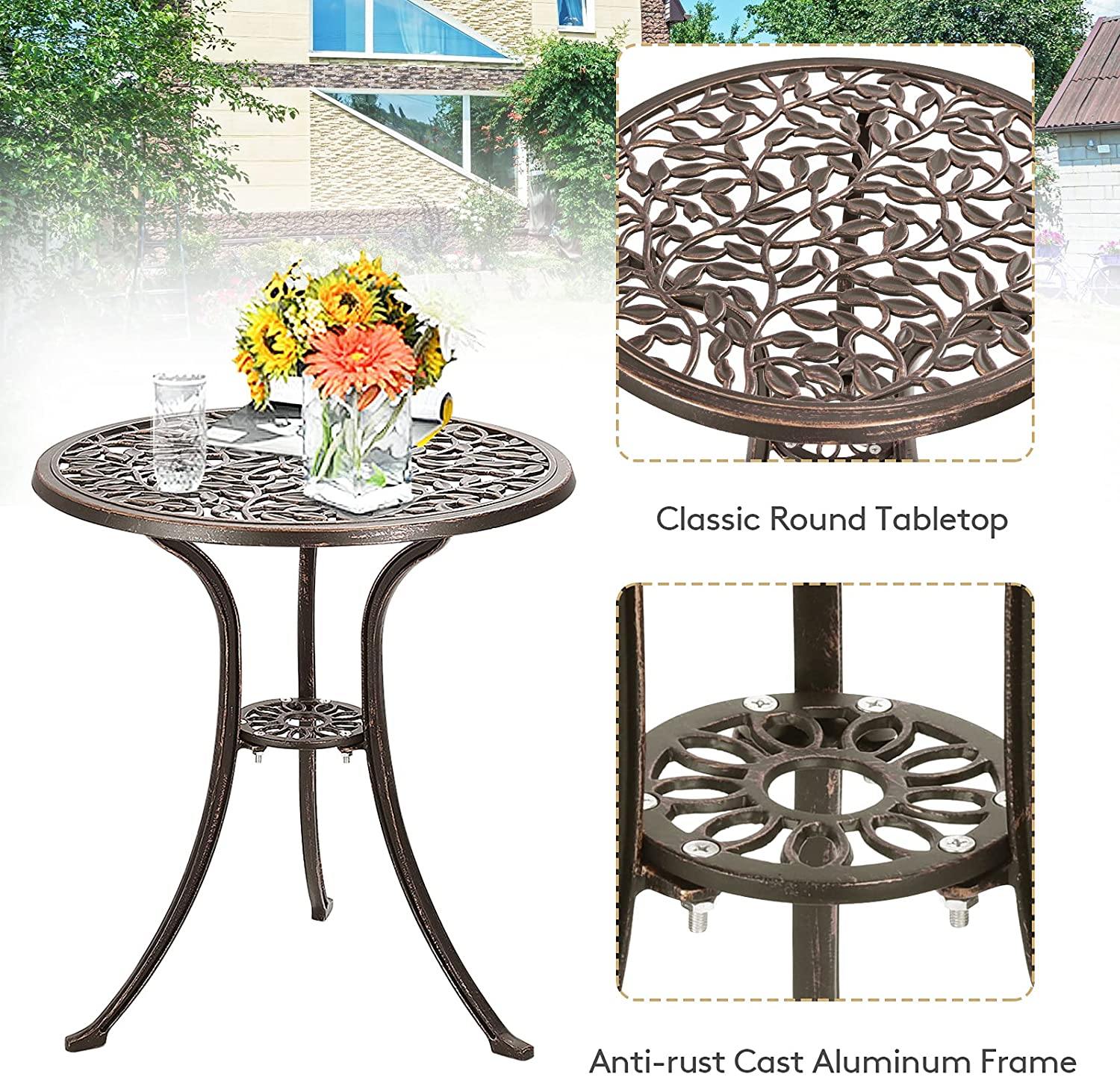 3 Piece Bistro Set Cast Leaf Design Antique Outdoor Patio Furniture Weather Resistant Garden Round Table and Chairs (Leaf Design) - Giantexus