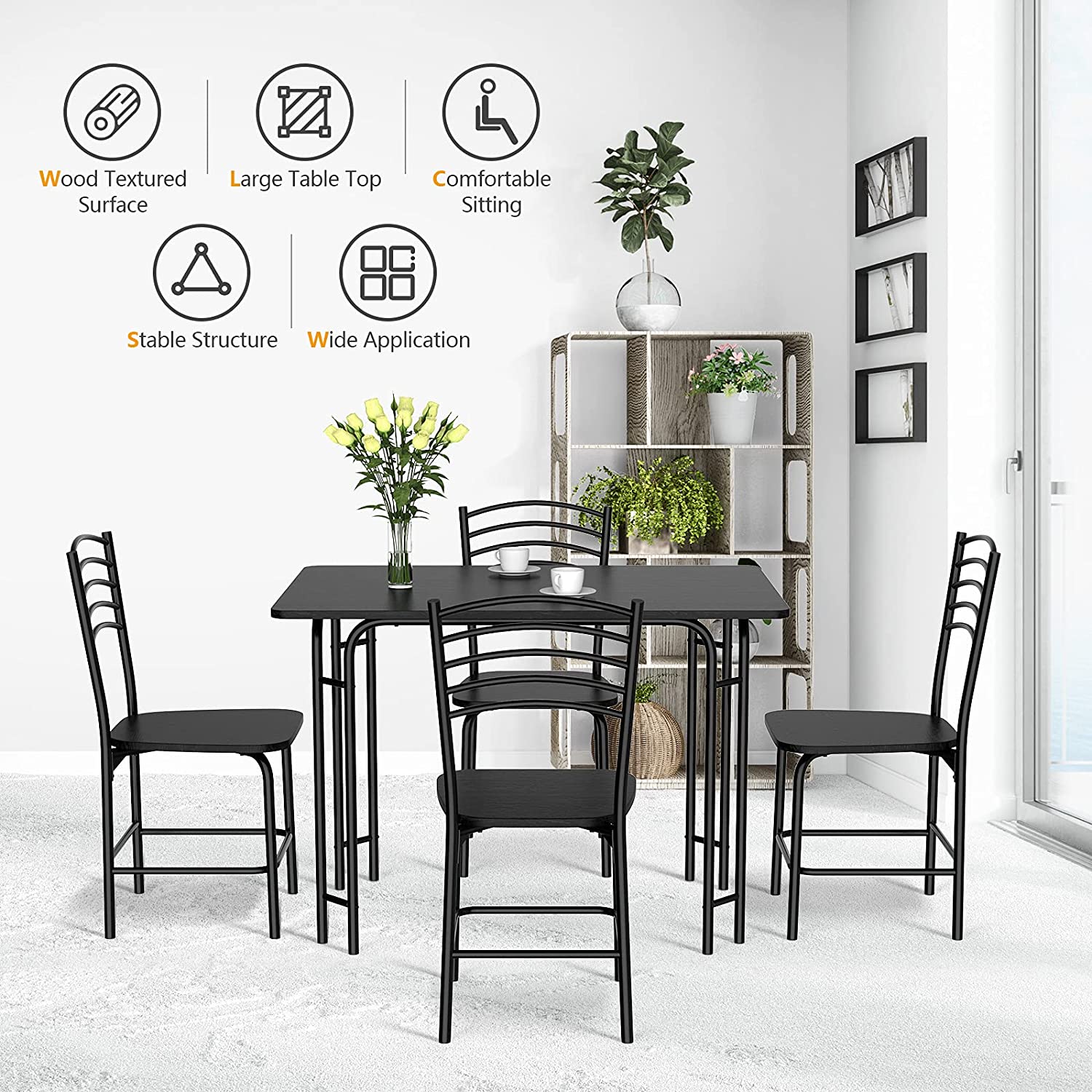 Giantex 5 PCS Dining Table Set 4 Person, Modern Kitchen Table and 4 Chairs,Black