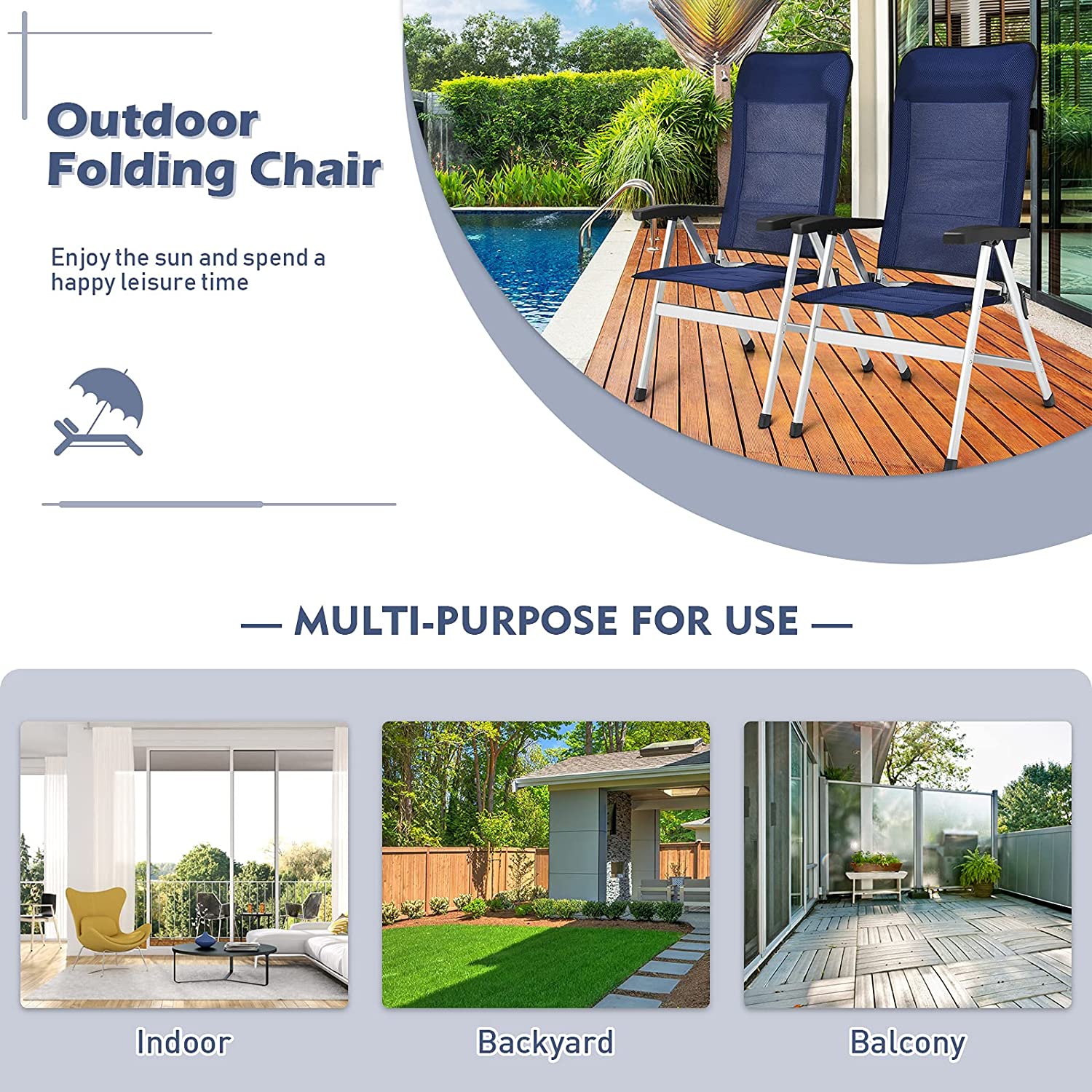 Giantex Set of 4 Patio Chairs, Folding Outdoor Chairs, High Back Recliner (Blue)