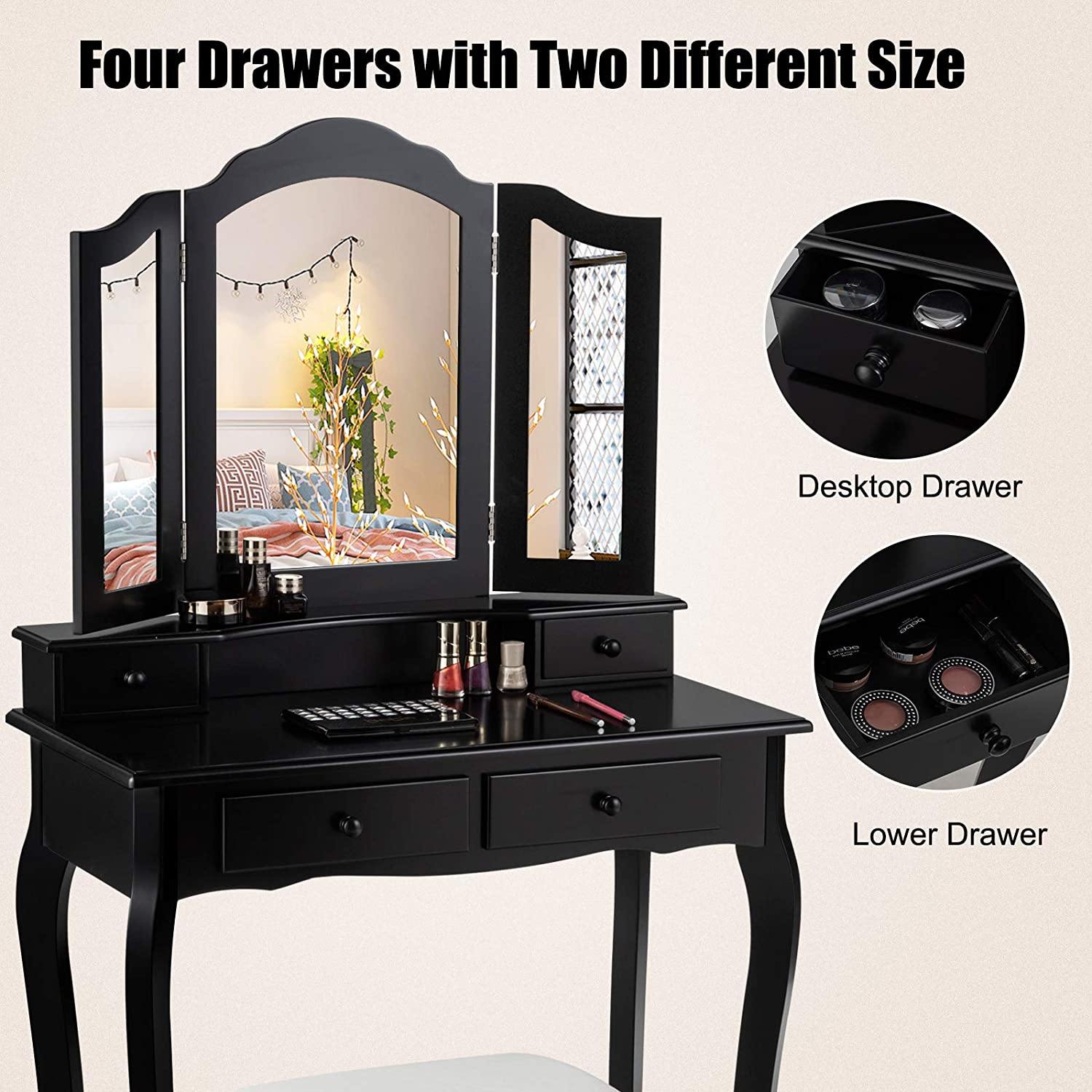 Vanity Table Set with Tri-Folding Mirror and 4 Drawers - Giantexus