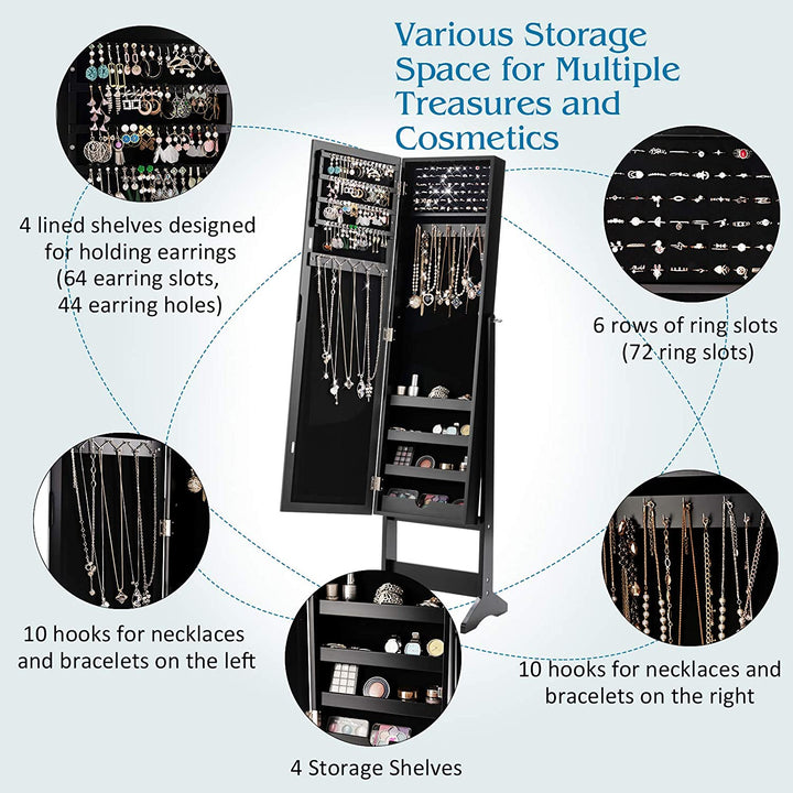 Jewelry Cabinet with Full-Length Mirror, Standing Jewelry Armoire Organizer
