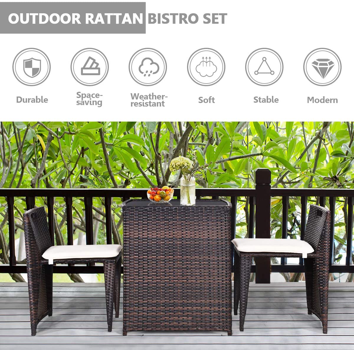 Giantex 3 PCS Cushioned Outdoor Wicker Patio Set Convention Bistro Set Garden Lawn Sofa Furniture (Light Brown)