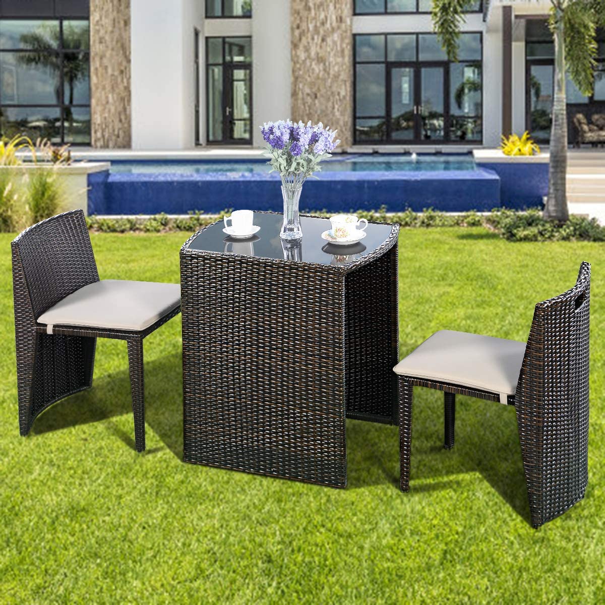 Buy 3PCS Brown Cushioned Outdoor Wicker Furniture Giantex