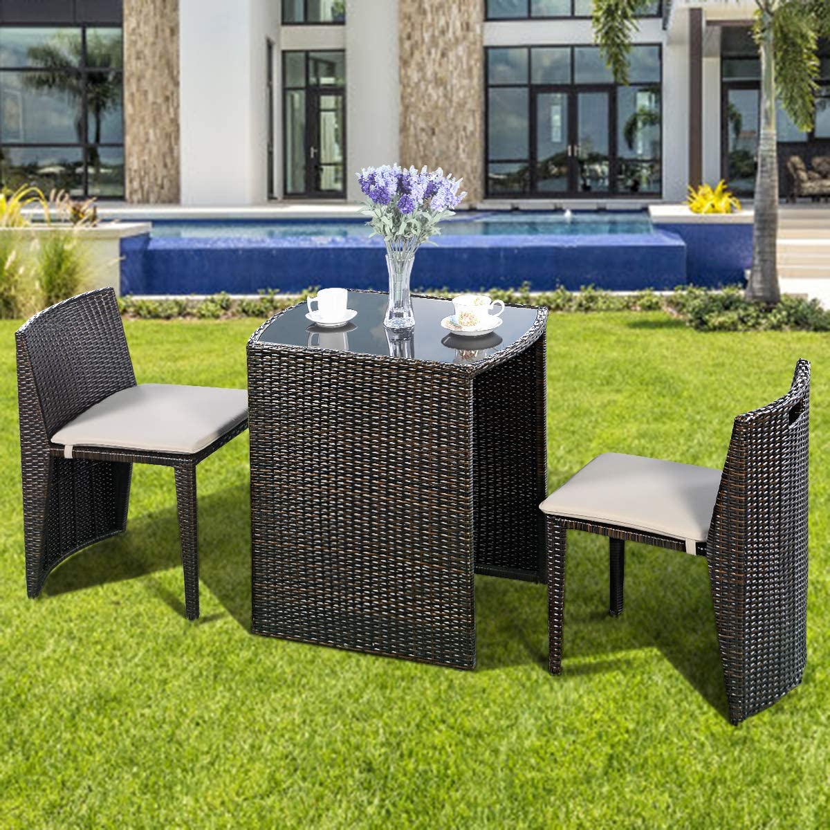 Giantex 3 PCS Cushioned Outdoor Wicker Garden Lawn Sofa Furniture (Brown)