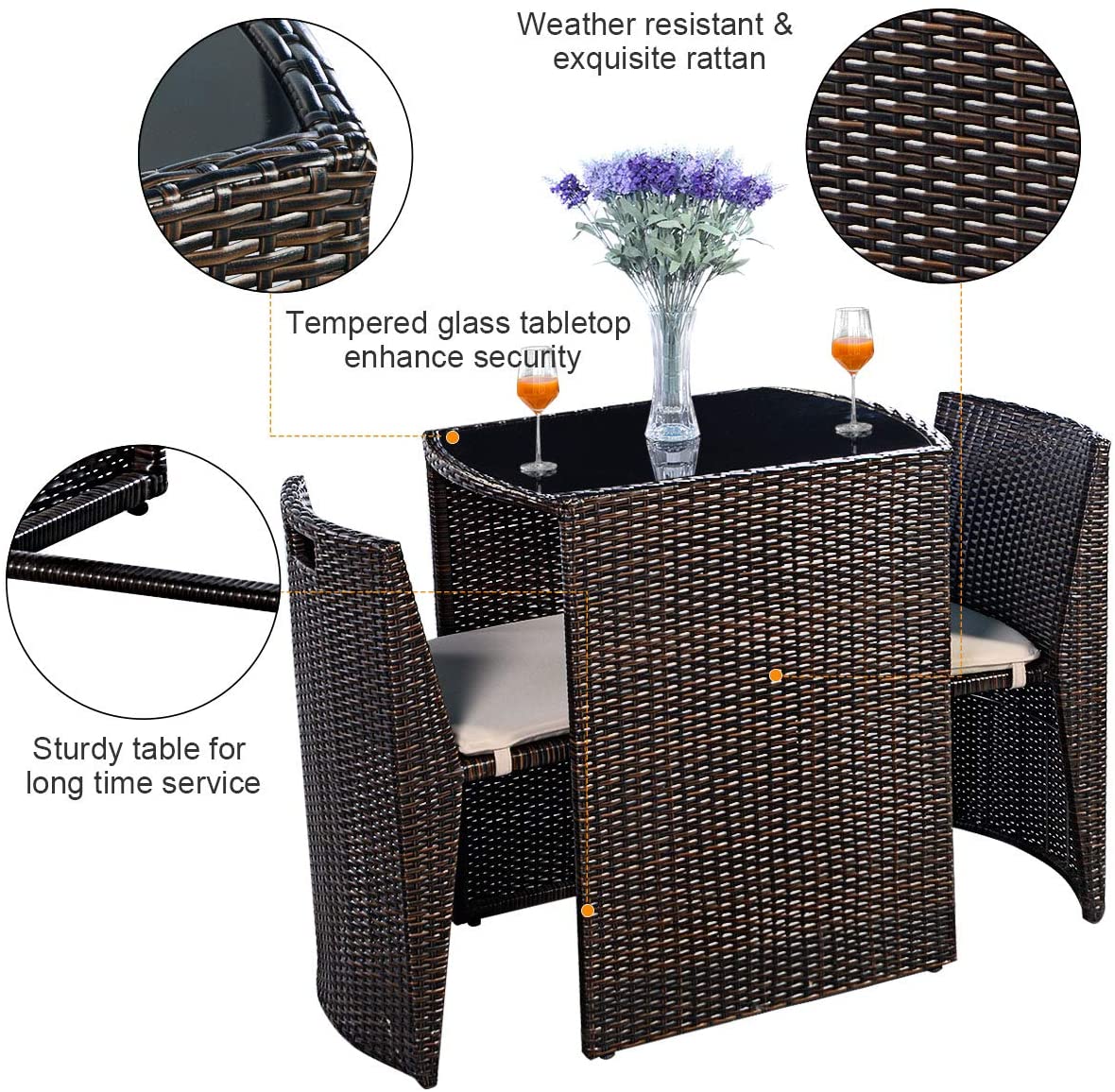 Giantex 3 PCS Cushioned Outdoor Wicker Garden Lawn Sofa Furniture (Brown)