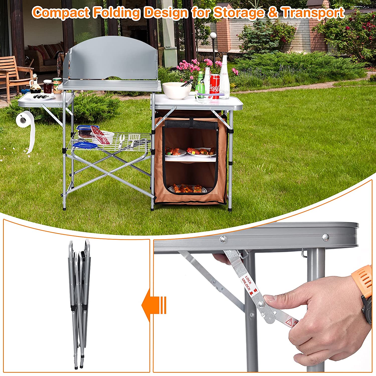 Folding Grill Table with 26'' Tabletop and Detachable Windscreen