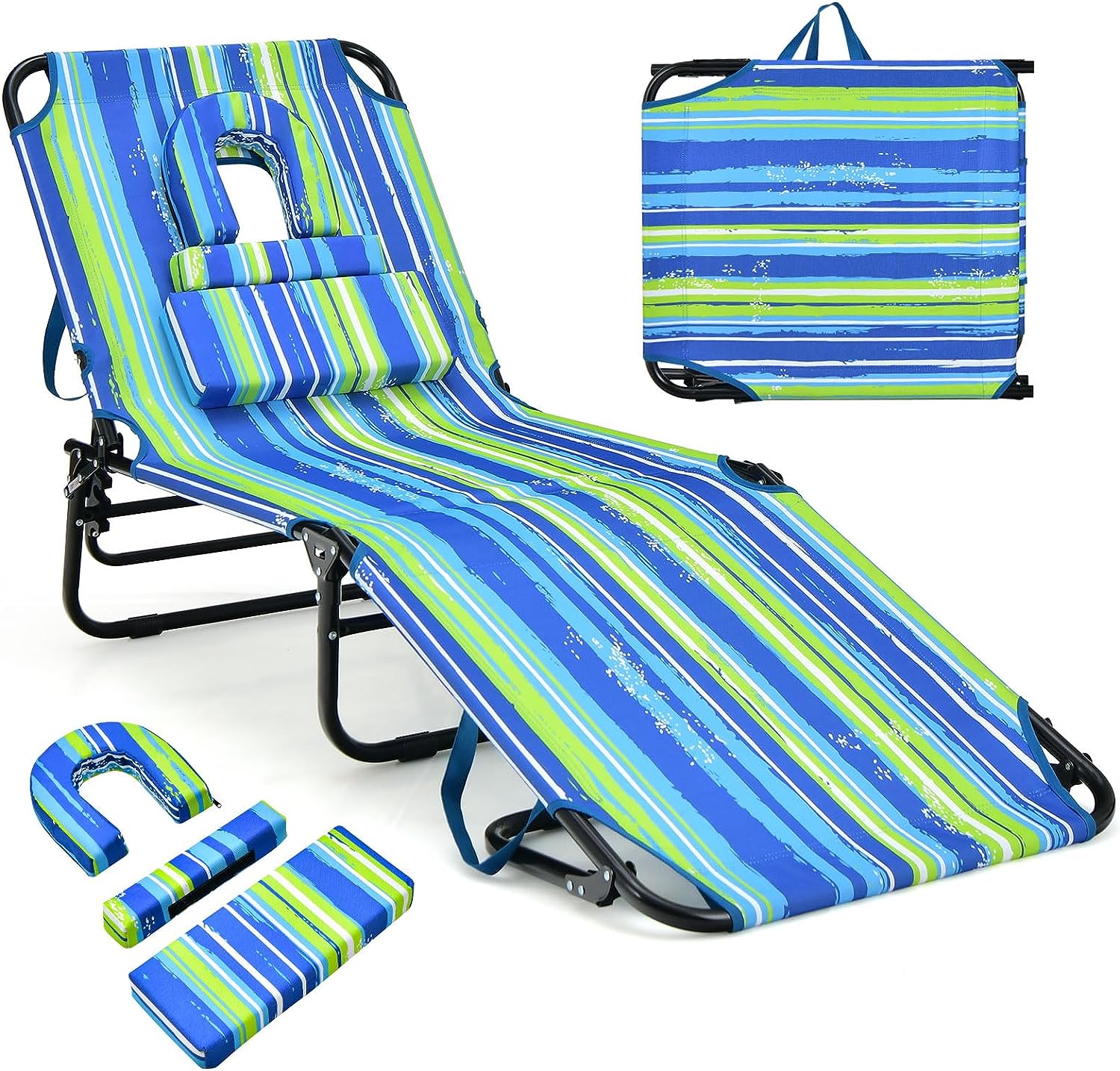 Giantex Folding Beach Tanning Chair - Adjustable Patio Lounge Chair w/Face Hole, Removable Pillows, Carry Strap