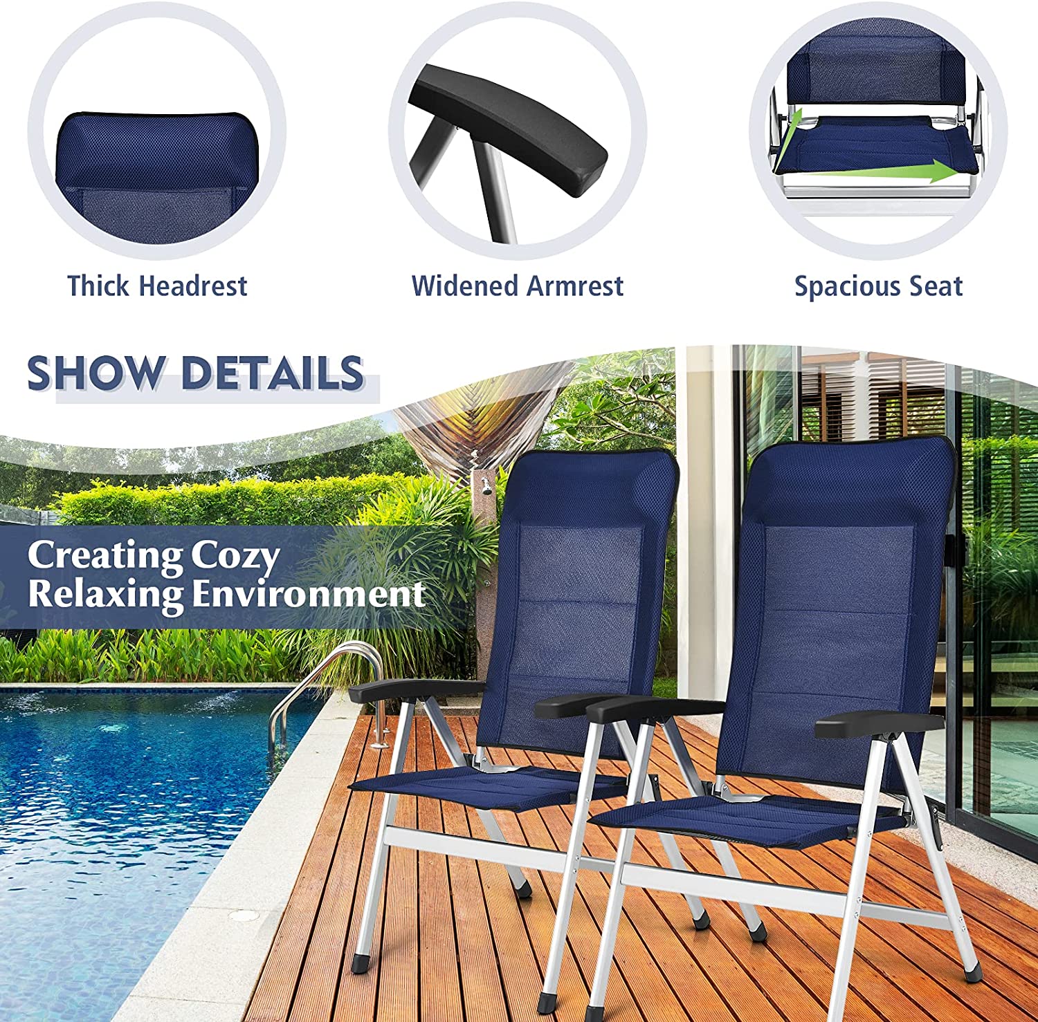 Giantex Set of 4 Patio Chairs, Folding Outdoor Chairs, High Back Recliner (Blue)