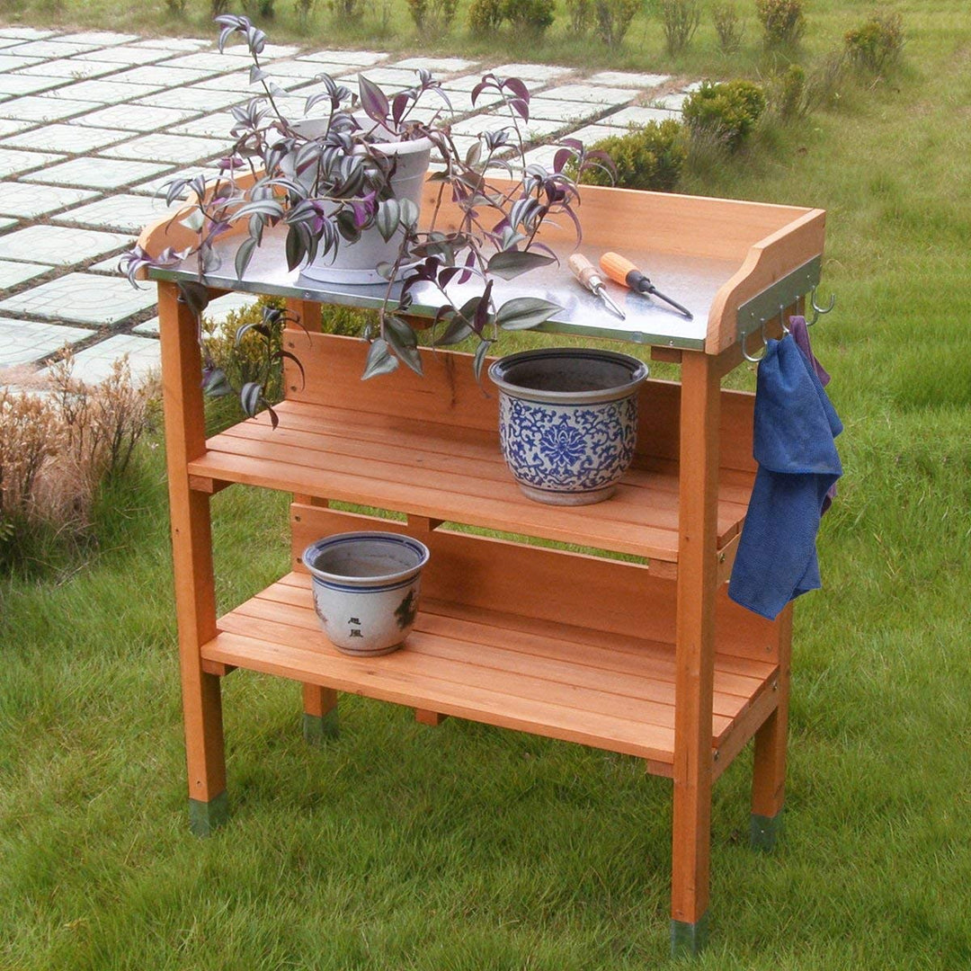 Giantex Outdoor Garden Wooden Potting Bench Work Station Table Tool Storage Shelf W/Hook (Orange)