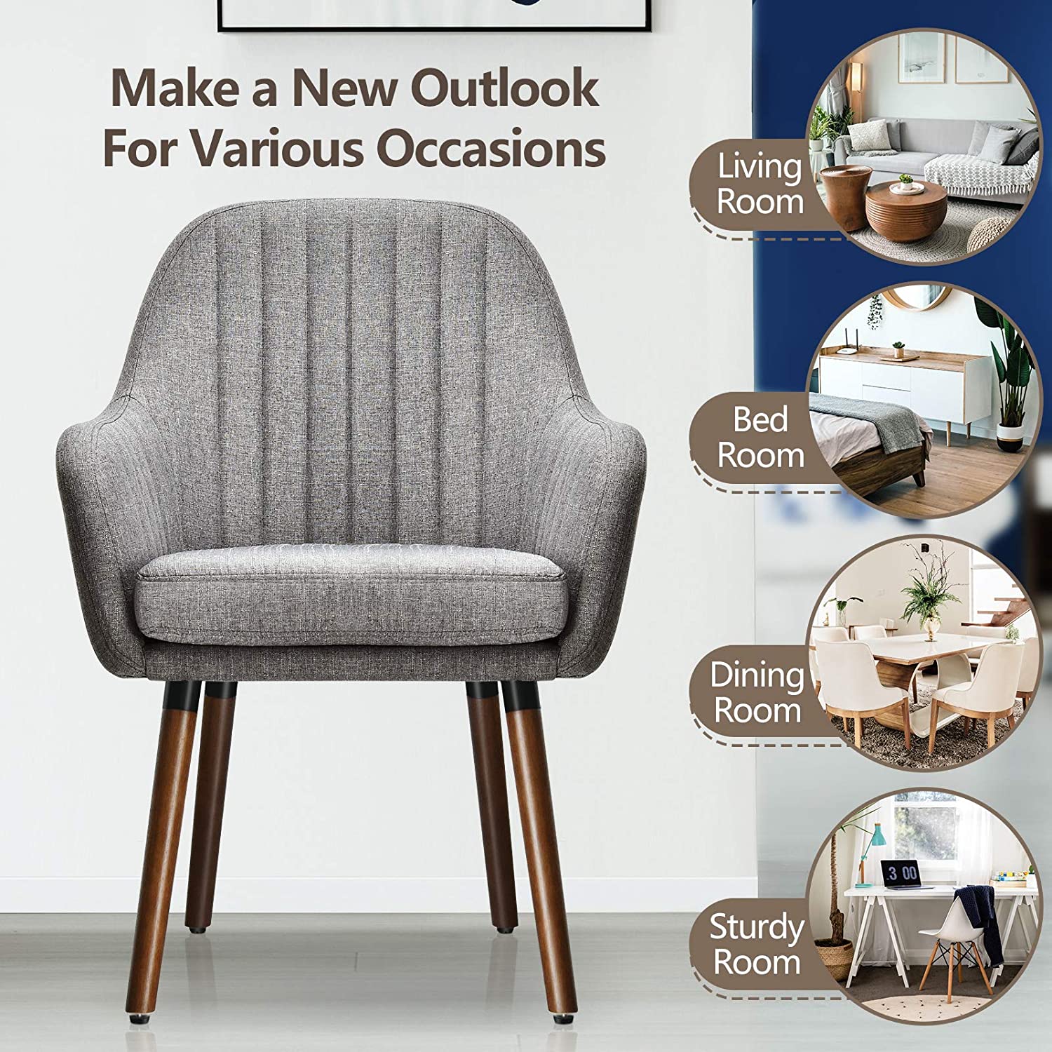 Set of 2 or 4 Fabric Dining Chairs, Accent Upholstered Arm Chair w/Wood Legs - Giantexus