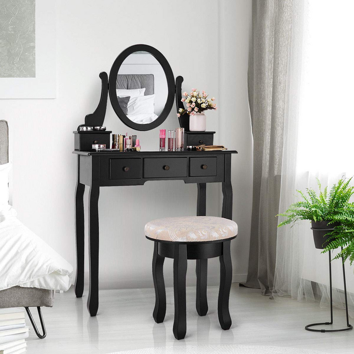 Giantex  Round 360 Degree Rotation Swivel Mirror Dressing Table Stool Wooden Vanity Set (Black with 5 Drawer)