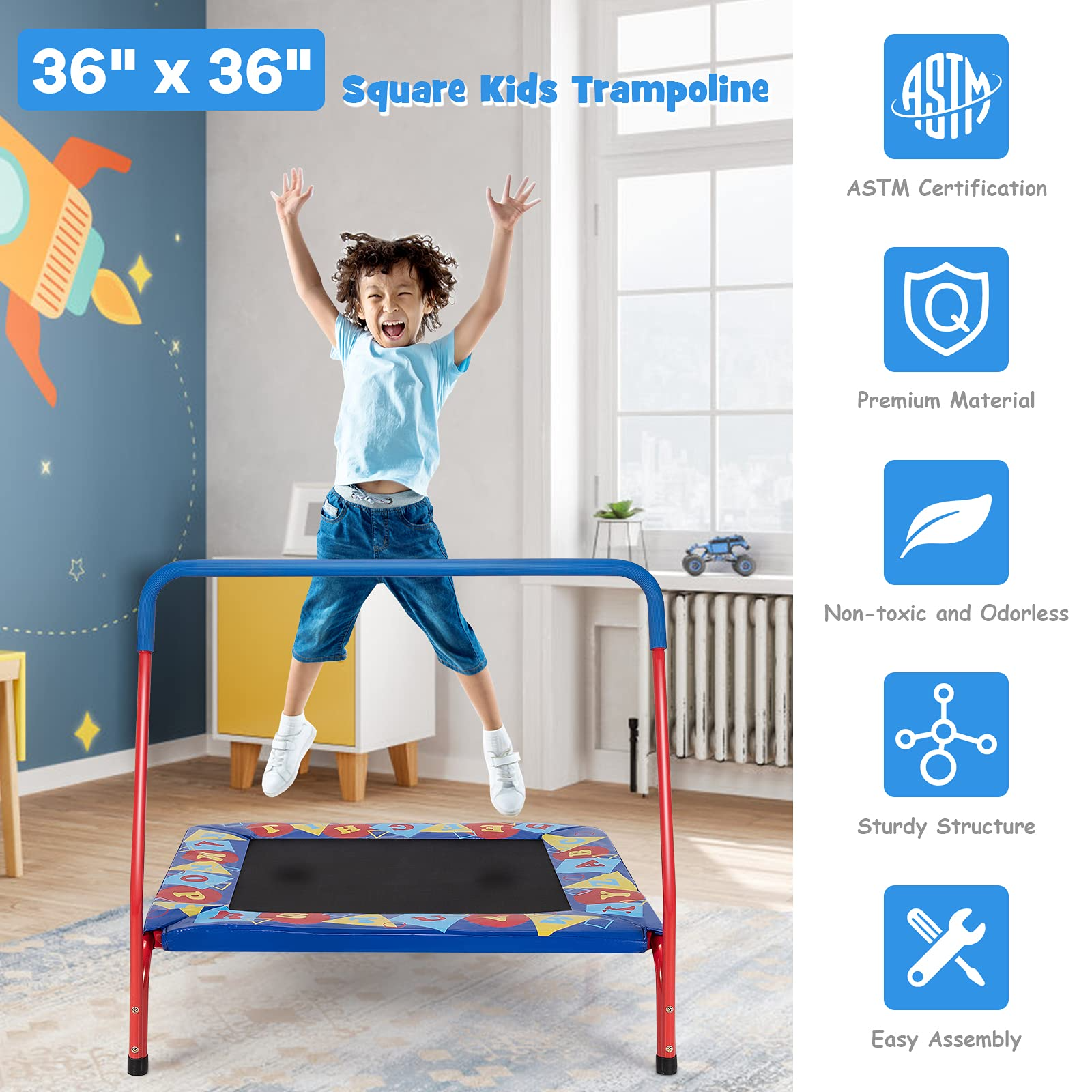 ASTM Approved Square Workout Rebounder Trampoline with Safety Padded Cover