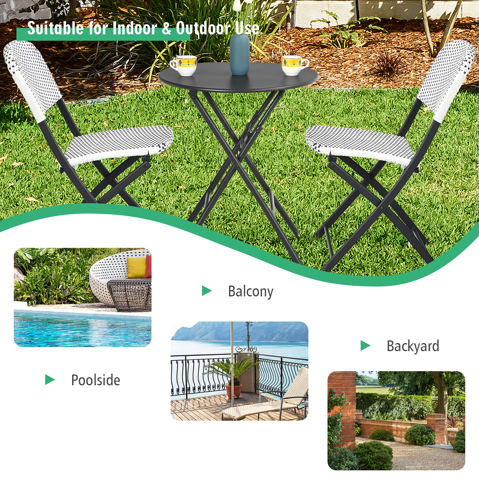 Giantex 3 Pieces Patio Dining Set, Folding Bistro Table with 2 Rattan Chairs