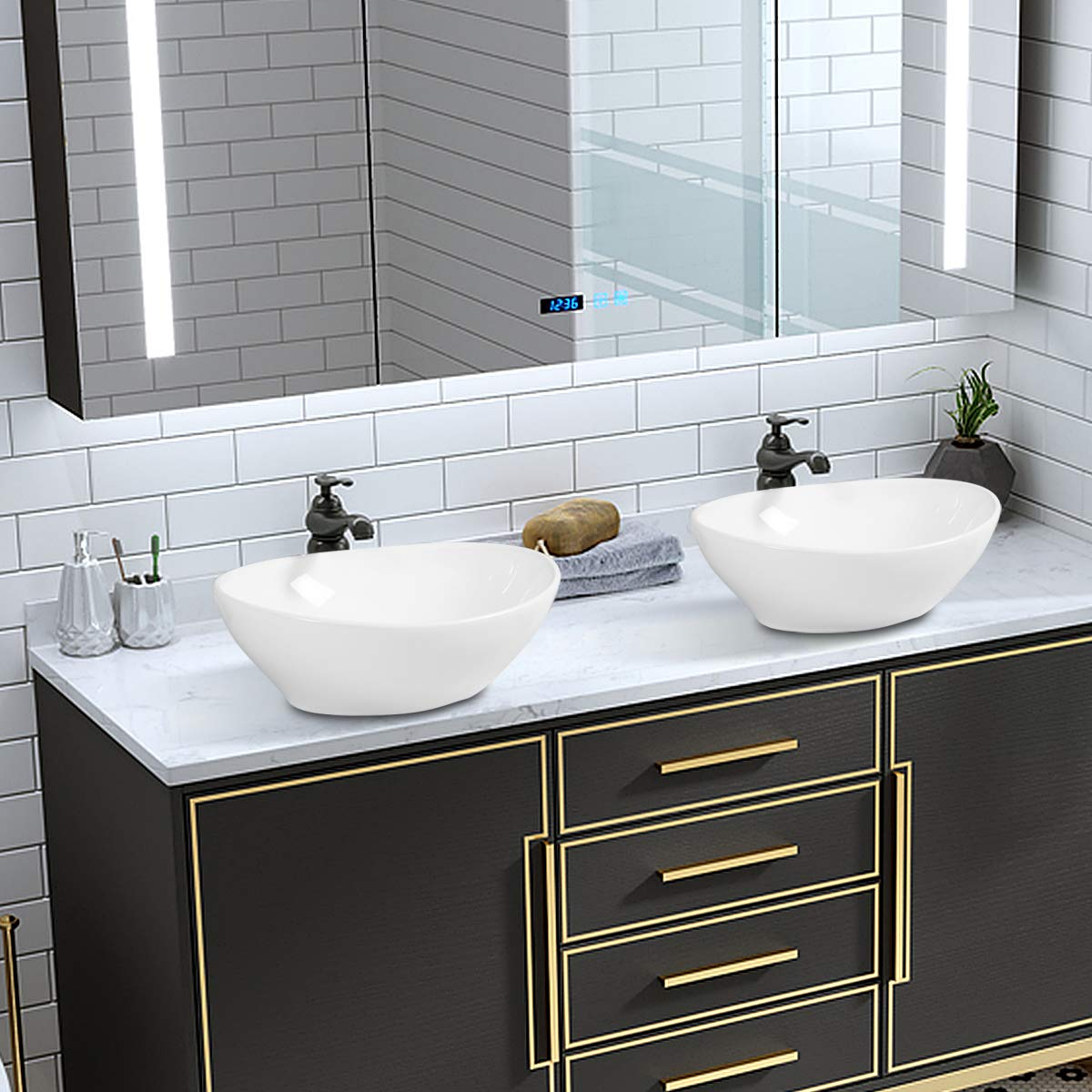Giantex Vessel Sink 16x13 Inch Basin Porcelain W/Pop Up Drain Oval Bathroom Ceramic Sink Bowl