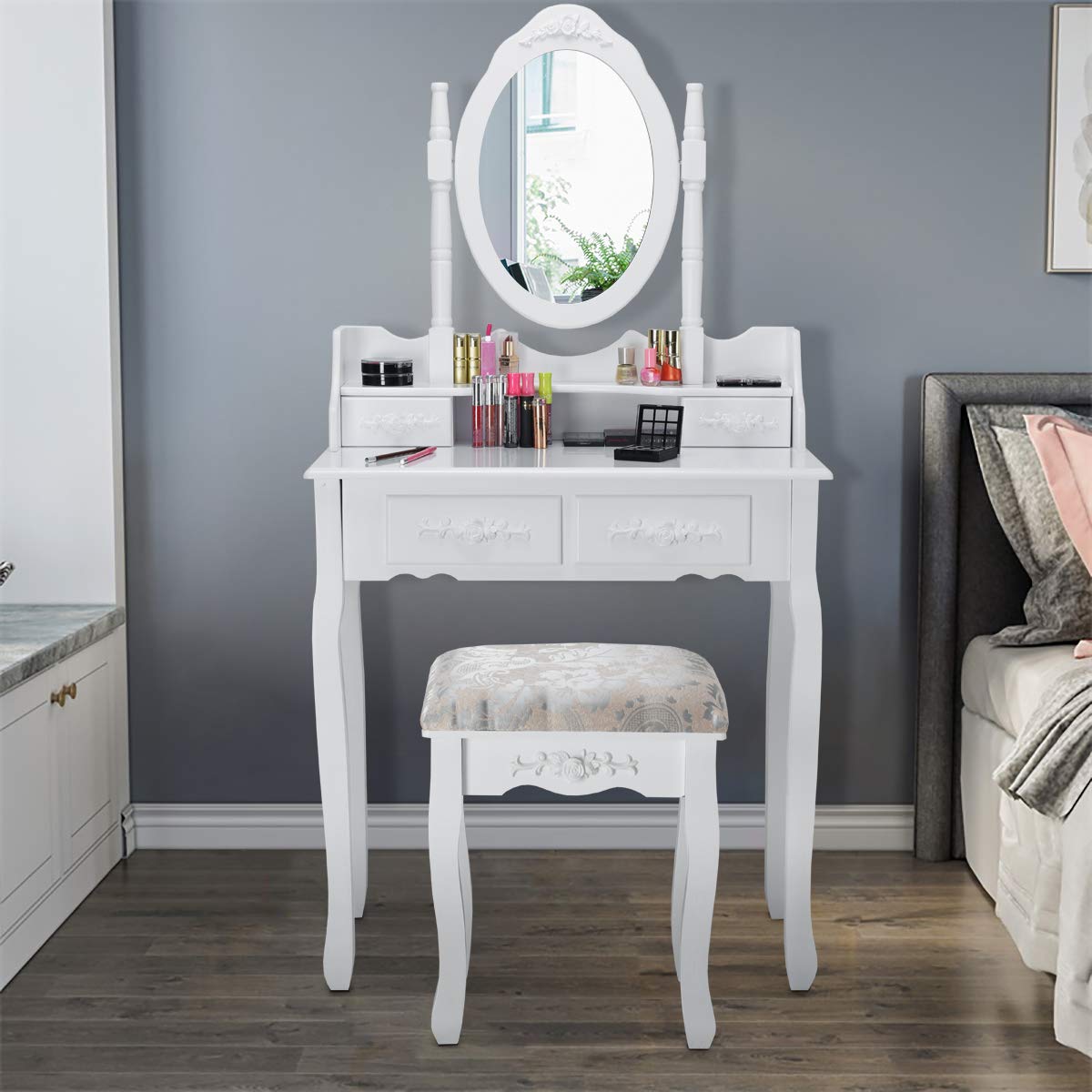 Giantex White Vanity Table Set with Oval Mirror and 4 Drawers